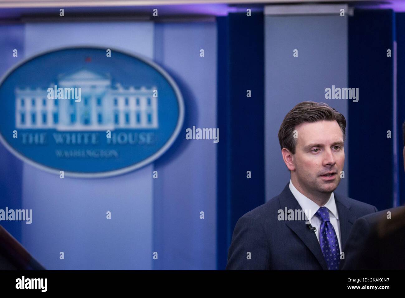 Press Secretary Josh Earnest speaks to reporters in the James S. Brady Press Briefing Room of the White House in Washington, DC. on December 13, 2016. The legislation eases the development and approval of experimental treatments and reforms federal policy on mental health care. (Photo by Cheriss May/NurPhoto) *** Please Use Credit from Credit Field *** Stock Photo