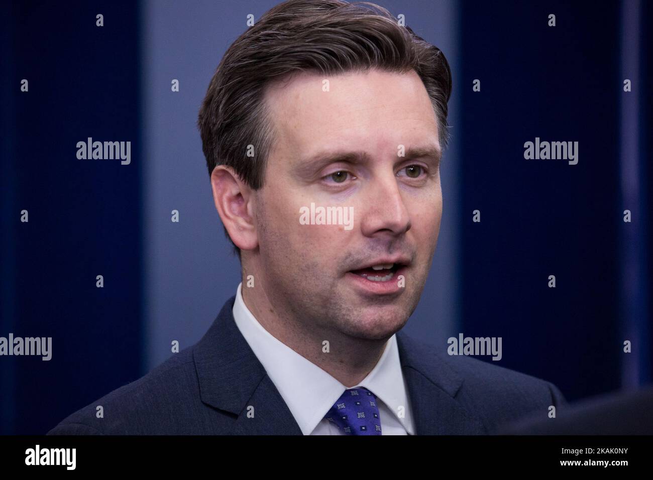 Press Secretary Josh Earnest speaks to reporters in the James S. Brady Press Briefing Room of the White House in Washington, DC. on December 13, 2016. The legislation eases the development and approval of experimental treatments and reforms federal policy on mental health care. (Photo by Cheriss May/NurPhoto) *** Please Use Credit from Credit Field *** Stock Photo