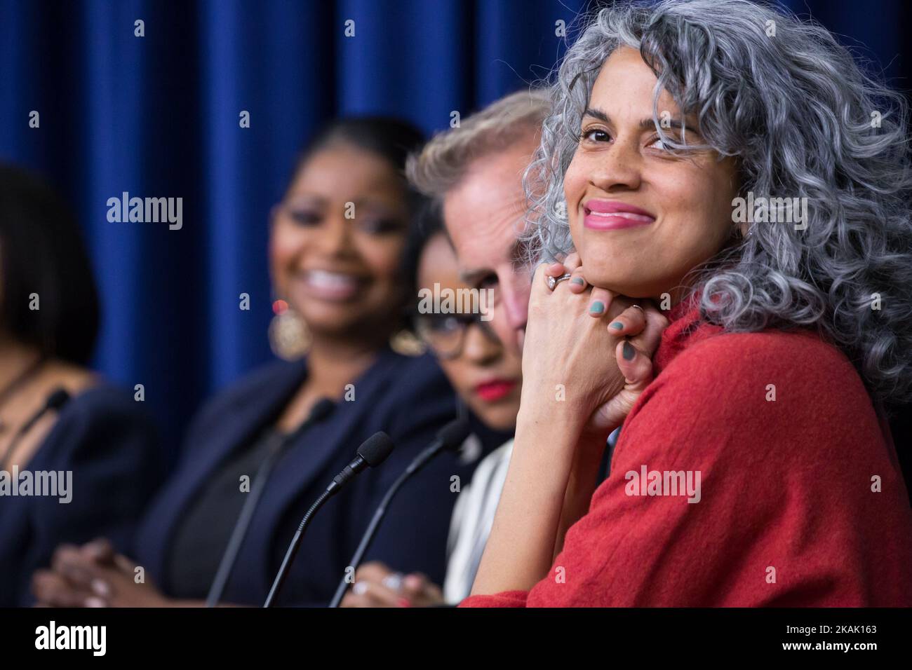 On Thursday, December 15th, in the South Court Auditorium of the Eisenhower Executive Office Building of the White House, 'Hidden Figures' producer Mimi ValdÃ©s, speaks on a panel about the film, a biographical film that tells the story of NASA pioneers Katherine Johnson, Dorothy Vaughn, and Mary Jackson, African-American women whose work enabled the first launches of Americans into space. (Photo by Cheriss May/NurPhoto) *** Please Use Credit from Credit Field *** Stock Photo