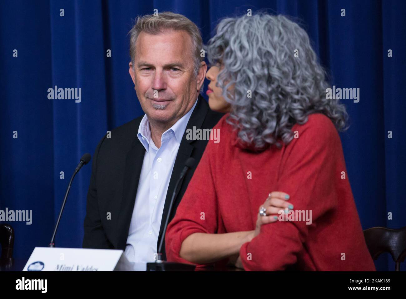 On Thursday, December 15th, in the South Court Auditorium of the Eisenhower Executive Office Building of the White House, (l-r), 'Hidden Figures' actor Kevin Costner, and producer Mimi ValdÃ©s, speak on a panel about the film, a biographical film that tells the story of NASA pioneers Katherine Johnson, Dorothy Vaughn, and Mary Jackson, African-American women whose work enabled the first launches of Americans into space. (Photo by Cheriss May/NurPhoto) *** Please Use Credit from Credit Field *** Stock Photo