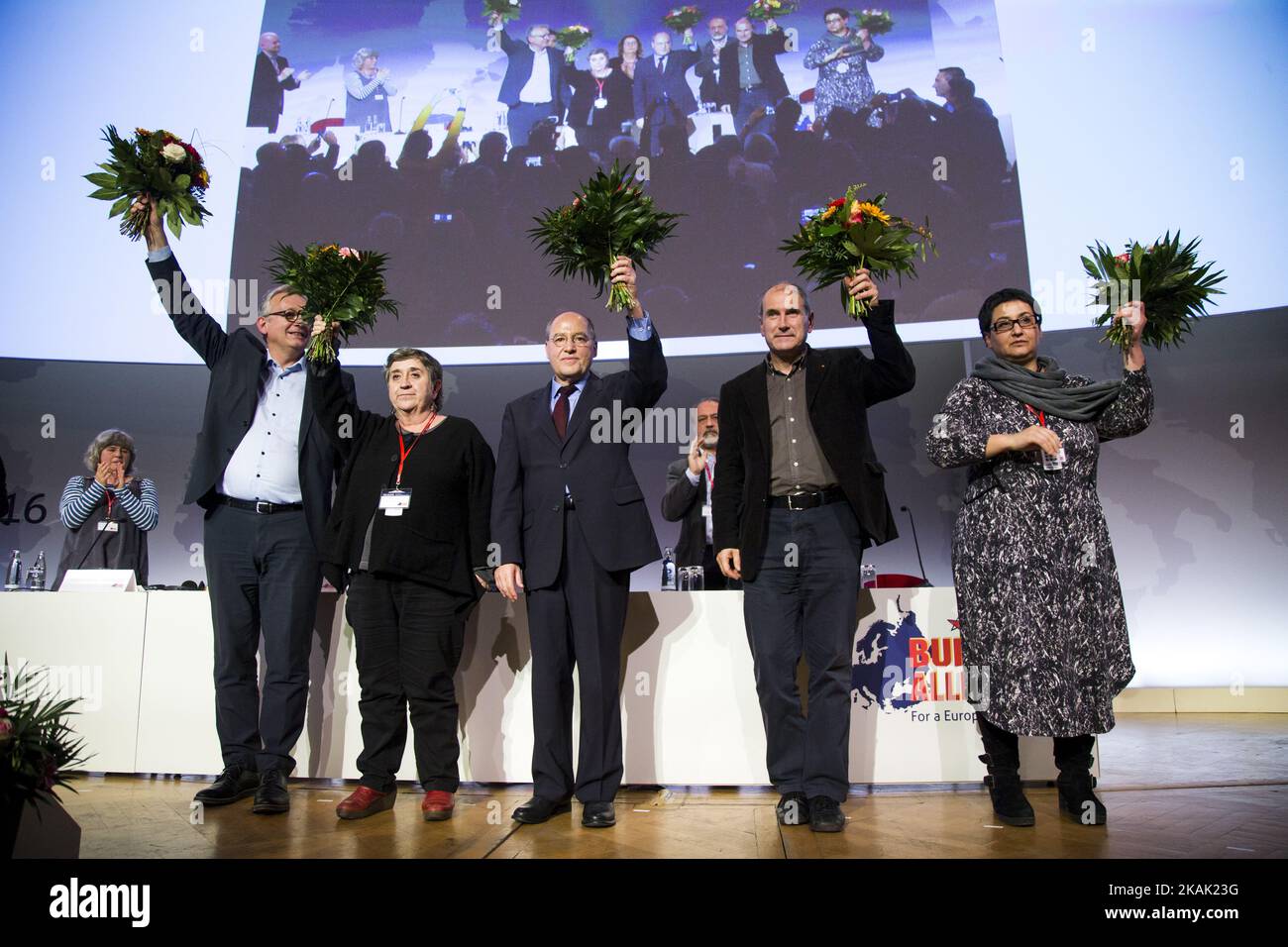 New president of the Party of the European Left Gregor Gysi (Die Linke, 2R), and Vice Presidents Pierre Laurent (French Communist Party, L), Maite Mola (Partido Comunista de Espana, 2L) and Paolo Ferrero (Rifondazione Comunista, R) hold flowers after their election during the 5th congress of the Party of the European Left in Berlin, Germany on December 17, 2016. The congress is finding place from December 16 to 18, 2016. (Photo by Emmanuele Contini/NurPhoto) *** Please Use Credit from Credit Field *** Stock Photo