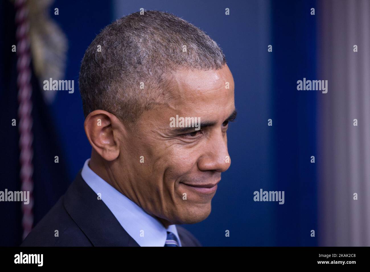 US President Barack Obama gave his last press briefing and answered questions from reporters, in the Brady Press Briefing Room of the White House in Washington, DC, December 16, 2016. Obama on Friday warned his successor Donald Trump against antagonizing China by reaching out to Taiwan, saying he could risk a 'very significant' response if he upends decades of diplomatic tradition. (Photo by Cheriss May/NurPhoto) *** Please Use Credit from Credit Field *** Stock Photo