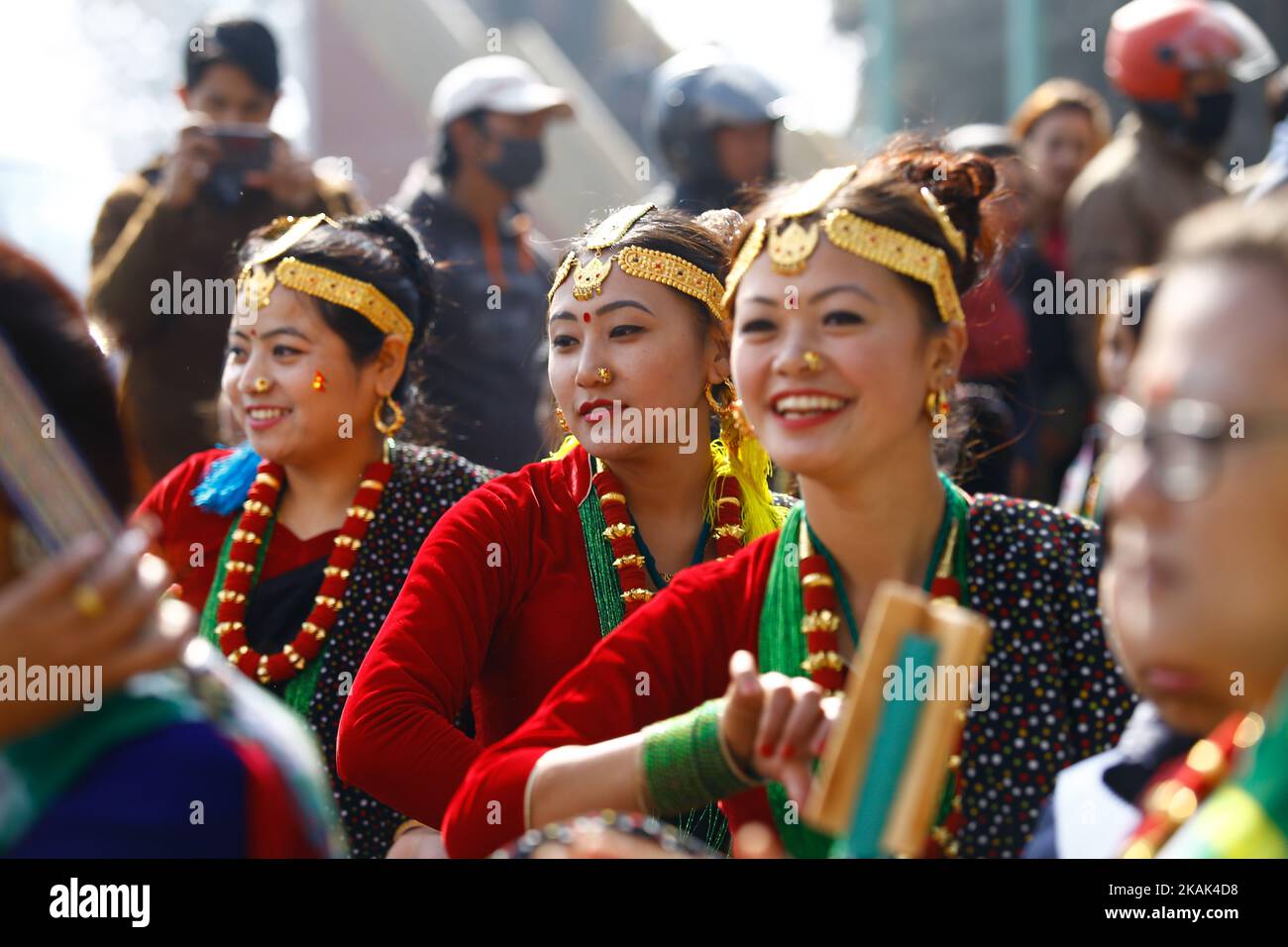 Nepalese From Ethnic Gurung Community In Traditional Attire Dance While Taking Part In Parade To