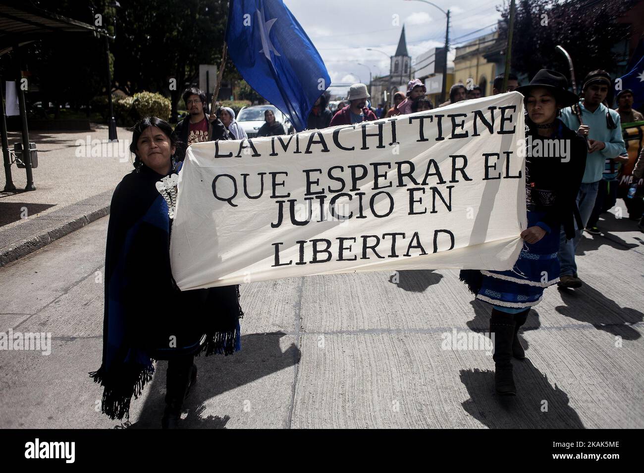 Members of mapuche communities during the demonstration in Temuco, Chile on 4 January 2016. With traditional prayers and a march to mark the 9 years of the death of the Young mapuche Matias Catrileo murdered by de chilean pÃ³lice in Temuco, Chile. (Photo by Fernando Lavoz/NurPhoto) *** Please Use Credit from Credit Field *** Stock Photo