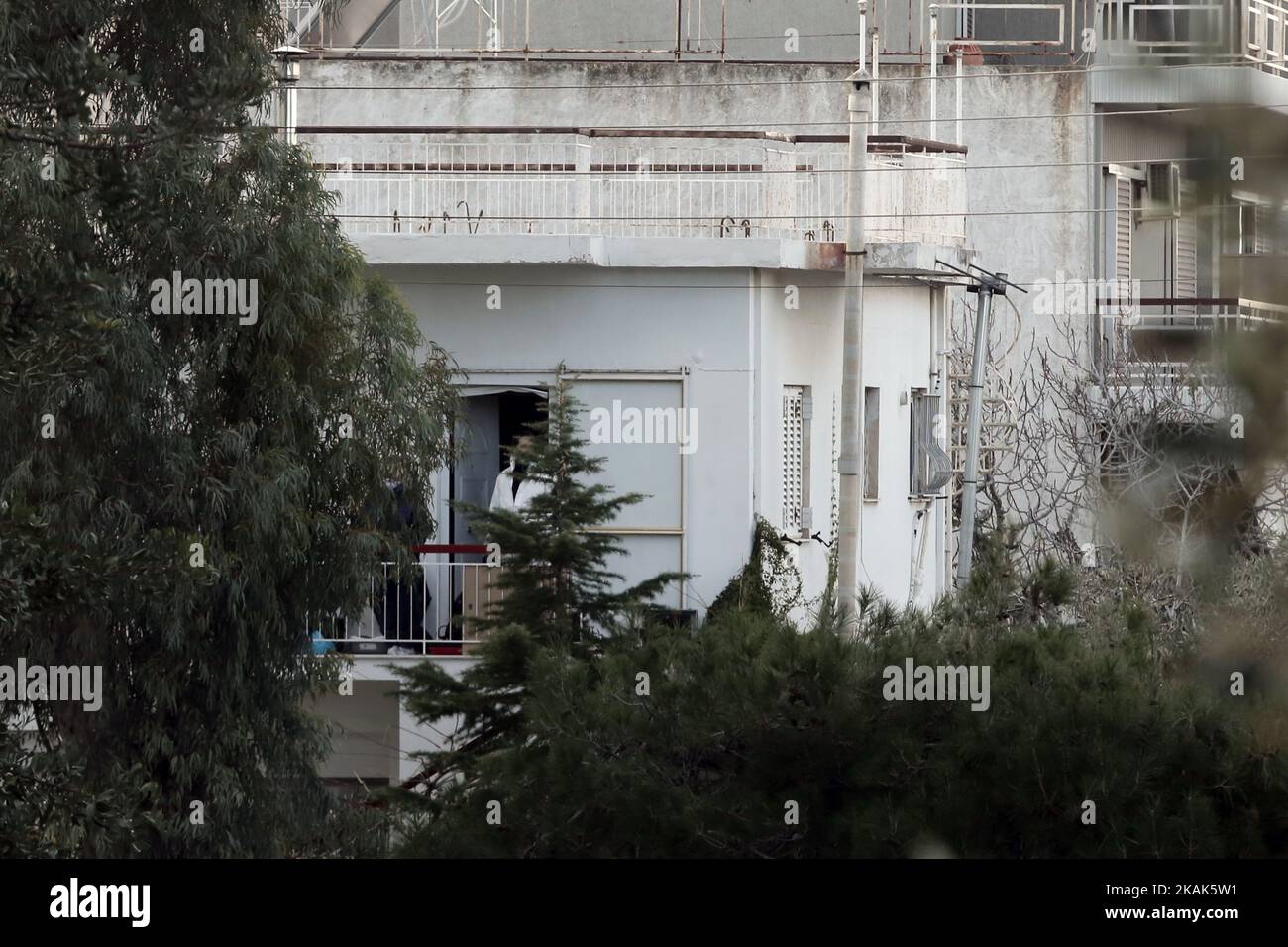 Picuture of the house where Paula Roupa was arrested in Heliopolis, south suburb of Athens, early in the morning of Thursday January 5, 2017. The 48-year-old woman is the partner of jailed terrorist Nikos Maziotis, leader of the guerilla group Revolutionary Struggle, and has been on the Hellenic Police wanted list for over two years. (Photo by Panayotis Tzamaros/NurPhoto) *** Please Use Credit from Credit Field *** Stock Photo