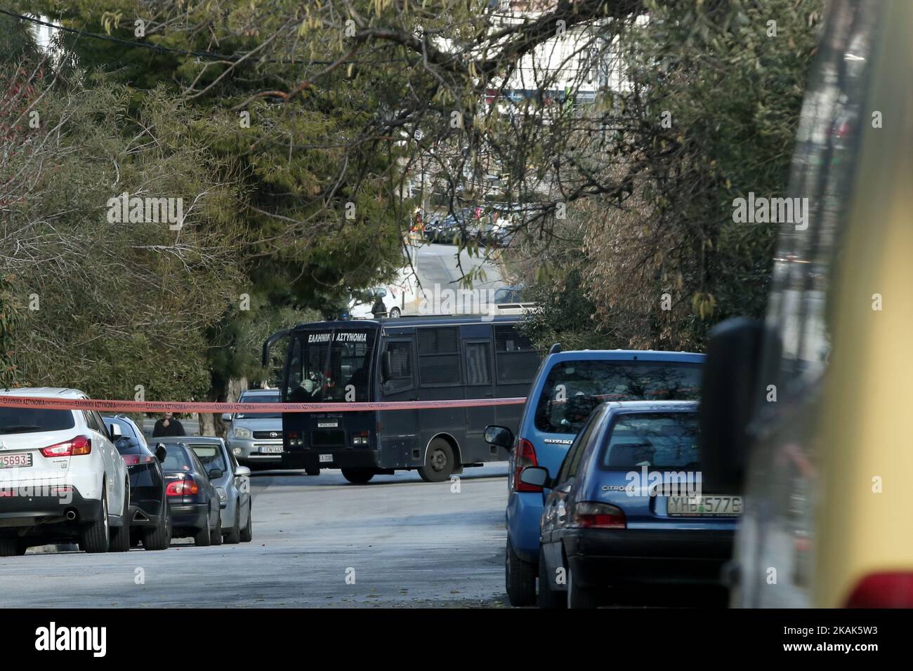 Police vehicle secures the street of the house where Paula Roupa was arrested in Heliopolis, south suburb of Athens, early in the morning of Thursday January 5, 2017. The 48-year-old woman is the partner of jailed terrorist Nikos Maziotis, leader of the guerilla group Revolutionary Struggle, and has been on the Hellenic Police wanted list for over two years. (Photo by Panayotis Tzamaros/NurPhoto) *** Please Use Credit from Credit Field *** Stock Photo