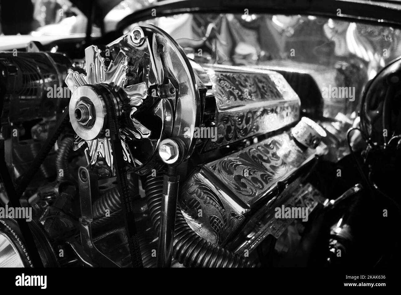 The grayscale detailed view of a Chrome Car Engine Stock Photo Alamy