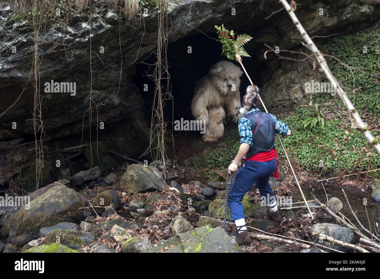 The master tries to remove the bear (another of the main characters of the vijanera) from a cave in the forest to capture and kill him inside the winter carnival of the Vijanera festival on January 8, 2017 in Silio, Cantabria province, Spain. (Photo by Joaquin Gomez Sastre/NurPhoto) *** Please Use Credit from Credit Field *** Stock Photo
