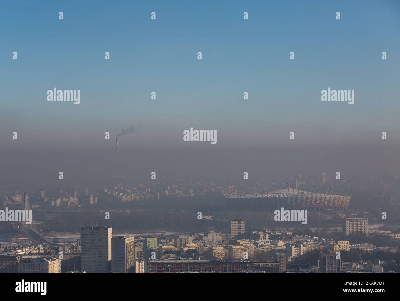 High smog and air-pollution level viewed from the Palace of Culture and Science in Warsaw, Poland on 9 January 2017 (Photo by Mateusz Wlodarczyk/NurPhoto) *** Please Use Credit from Credit Field *** Stock Photo