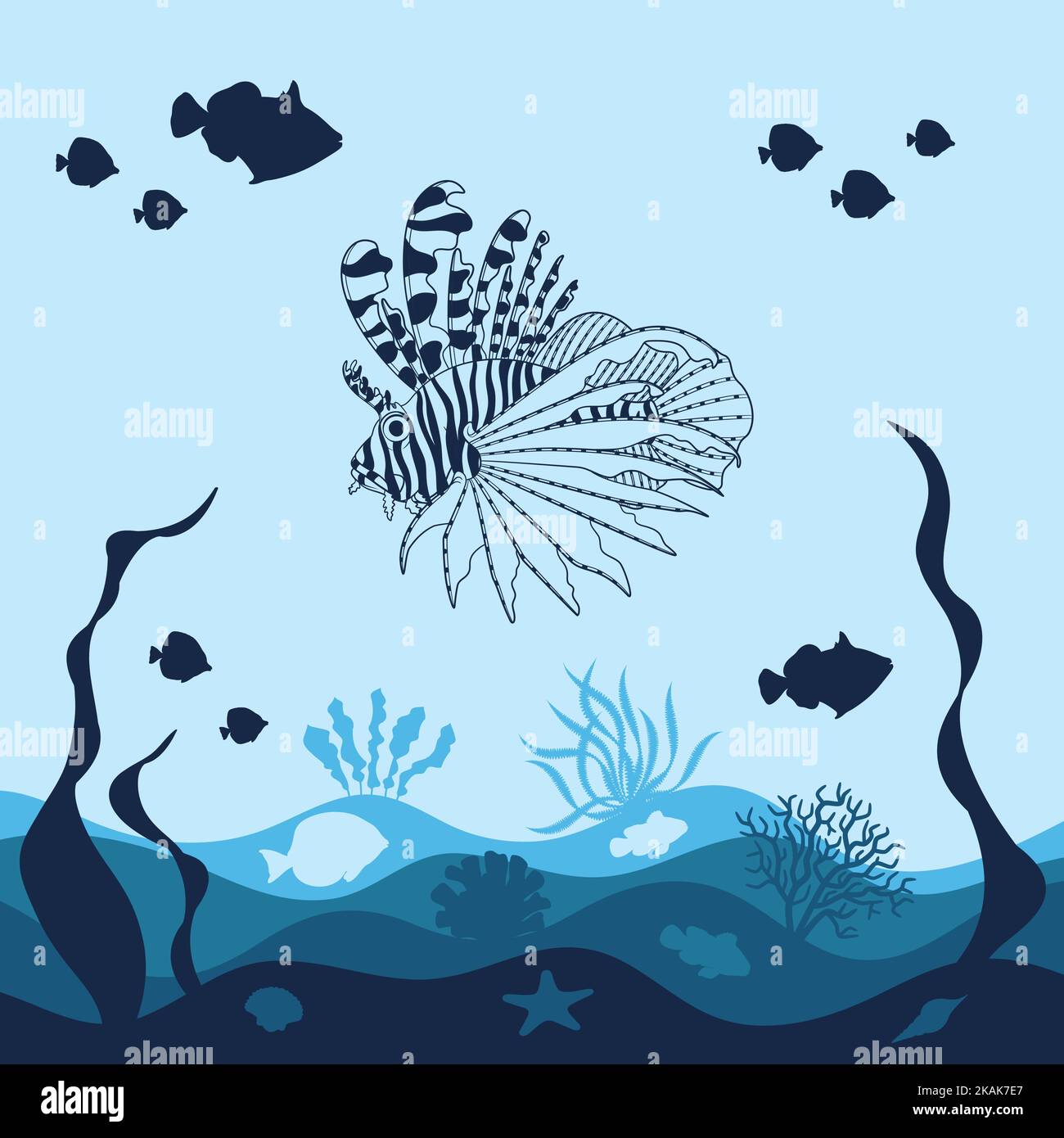 Marine background with lionfish, fish, corals. Isolated vector objects. Stock Vector