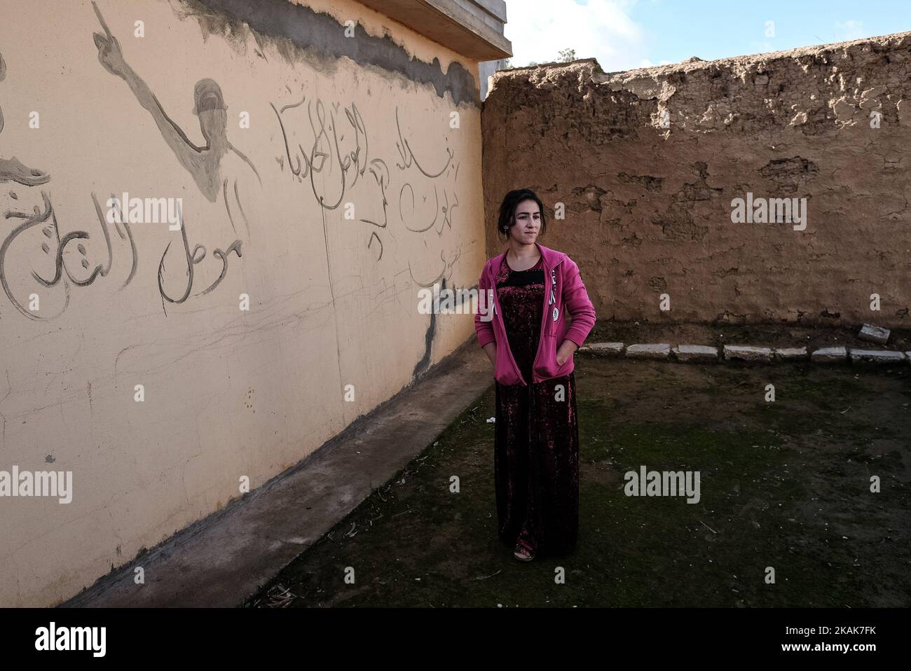 January 2017, Wardak, Iraq. ISIL graffiti. The KakaÂ’i Kurds are returning to their homes as Mosul offensive continiues. The KakaÂ’i Kurds are one of several multi-ethnic groups who are part of the Yarsan or Ahl el-Haqq (people of truth), a religion founded by Sultan Sahak in the late 14th century in western Iran. Some Yarsanis in Iraq are called the KakaÂ’is. The Kakais are one of the religious minorities scattered throughout northern Iraq in the provinces of Sulaimaniyah and Halabja, in the Ninevah Plains of Ninevah province and in villages to the southeast of Kirkuk. Historians and research Stock Photo