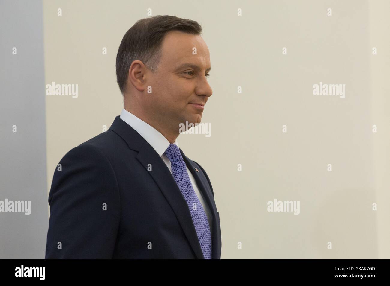 President of Poland, Andrzej Duda makes a statement at Presidential Palace in Warsaw, Poland on 9 January 2017 (Photo by Mateusz Wlodarczyk/NurPhoto) *** Please Use Credit from Credit Field *** Stock Photo