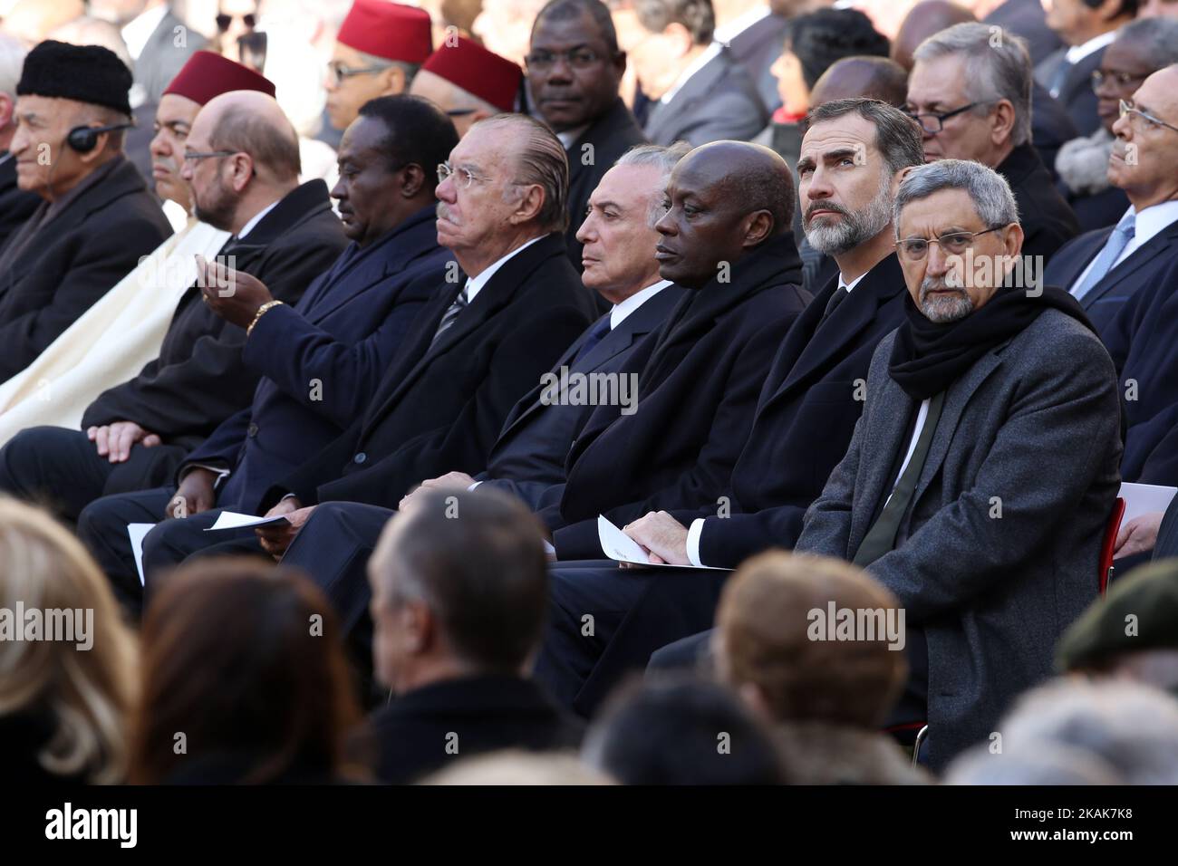 From R to L - Cape Verde President Jorge Carlos Fonseca , King Felipe VI of Spain, President of Guinea Bissau Jose Mario Vaz, Brazilian President Michel Temer and Former Brazilian President Jose Sarnei attend the funeral ceremony for the late former Portuguese President Mario Soares at the Jeronimos Monastery in Lisbon, on January 10, 2017. The founder of Portugal's Socialist Party, who served as president from 1986-96, died in hospital on January 7, 2017. ( Photo by Pedro Fiuza/NurPhoto) *** Please Use Credit from Credit Field ***  Stock Photo