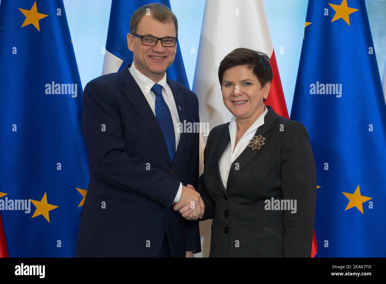 Prime Minister of Poland, Beata Szydlo meet with Prime Minister of Finland Juha Sipila at Chancellery of the Prime Minister in Warsaw, Poland on 12 January 2017 (Photo by Mateusz Wlodarczyk/NurPhoto) *** Please Use Credit from Credit Field *** Stock Photo