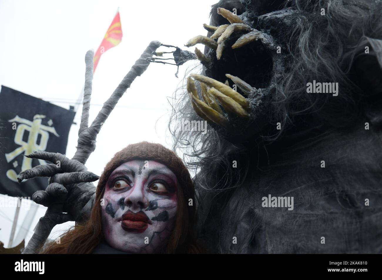 Local villagers wearing homemade costumes parade during a carnival celebration marking the Orthodox St. Vasilij Day in the village of Vevcani, about 170 km from the capital of Skopje, The Former Yugoslav Republic of Macedonia on 13 January 2017. The Vevcani Carnival is one of the most famous village festivals in the Balkans. It is believed that the custom is over 1,400 years old. (Photo by Borce Popovski/NurPhoto) *** Please Use Credit from Credit Field *** Stock Photo