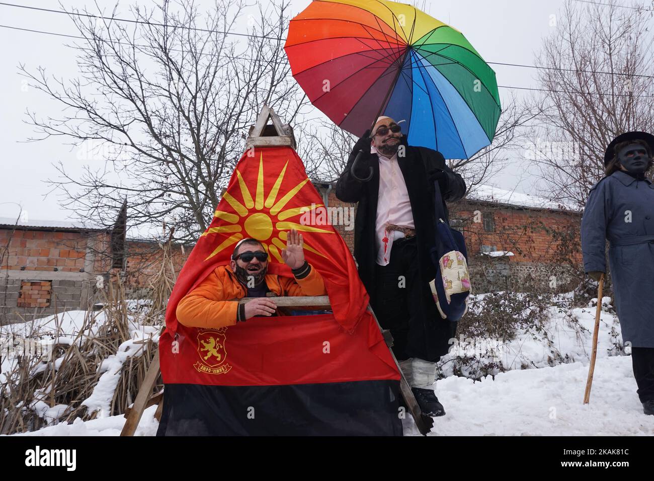 Local villagers wearing homemade costumes parade during a carnival celebration marking the Orthodox St. Vasilij Day in the village of Vevcani, about 170 km from the capital of Skopje, The Former Yugoslav Republic of Macedonia on 13 January 2017. The Vevcani Carnival is one of the most famous village festivals in the Balkans. It is believed that the custom is over 1,400 years old. (Photo by Borce Popovski/NurPhoto) *** Please Use Credit from Credit Field *** Stock Photo