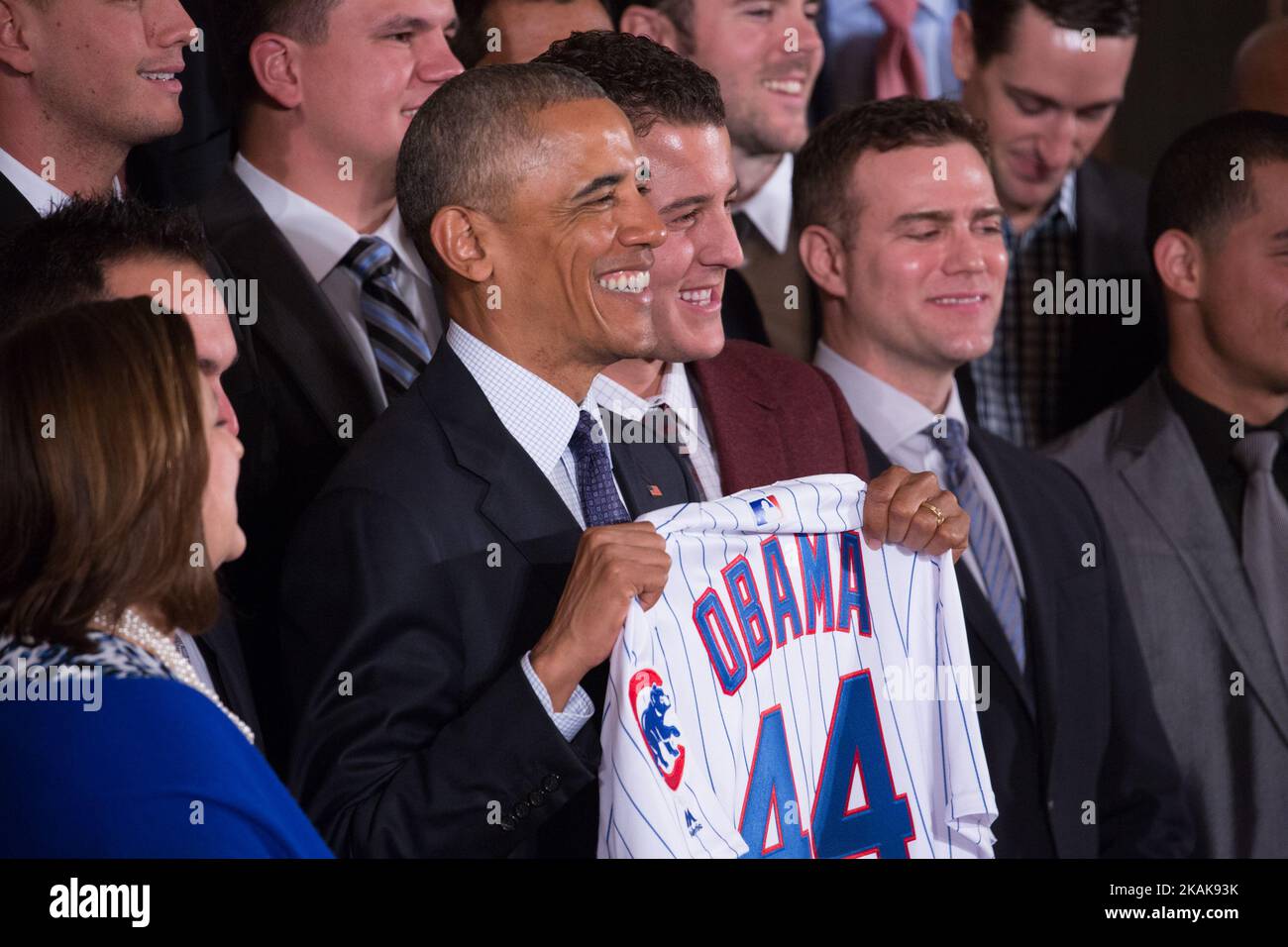 On Monday, January 16, President Barack Obama poses for a photo with the 2016 World Series Champion Chicago Cubs. (Photo by Cheriss May/NurPhoto) *** Please Use Credit from Credit Field *** Stock Photo