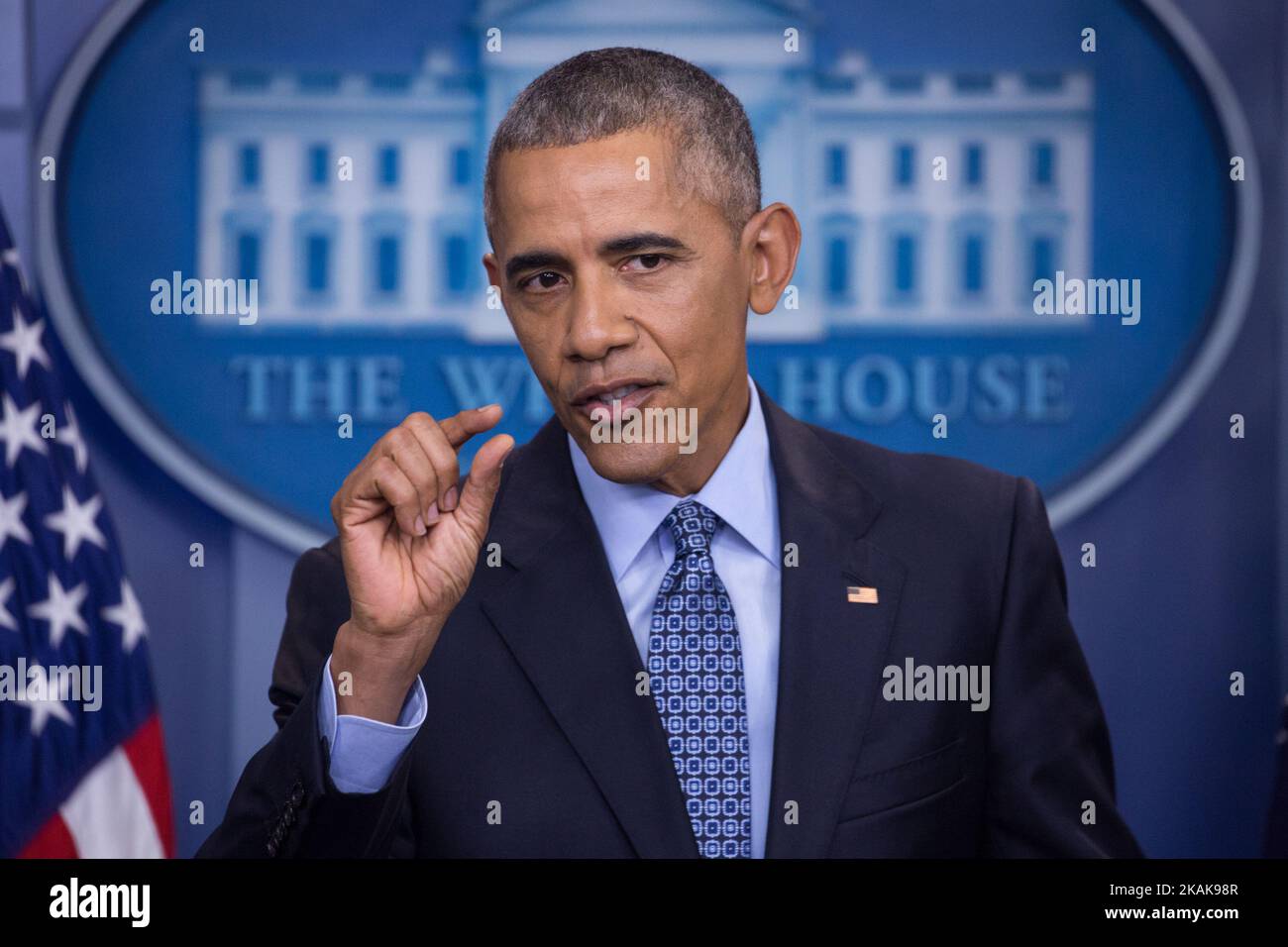 U.S. President Barack Obama holds the last news conference of his presidency in the Brady Press Briefing Room at the White House January 18, 2017 in Washington, DC. This was Obama's final question-and-answer session with reporters before New York real estate mogul and reality television personality Donald Trump is sworn in as the 45th president of the United States on Friday. (Photo by Cheriss May/NurPhoto) *** Please Use Credit from Credit Field *** Stock Photo
