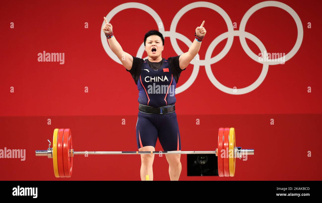 AUGUST 02, 2021 - TOKYO, JAPAN: Wang ZHOUYU of China reacts during the Weightlifting Women's 87kg at the Tokyo 2020 Olympic Games (Photo by Mickael Chavet/RX) Stock Photo