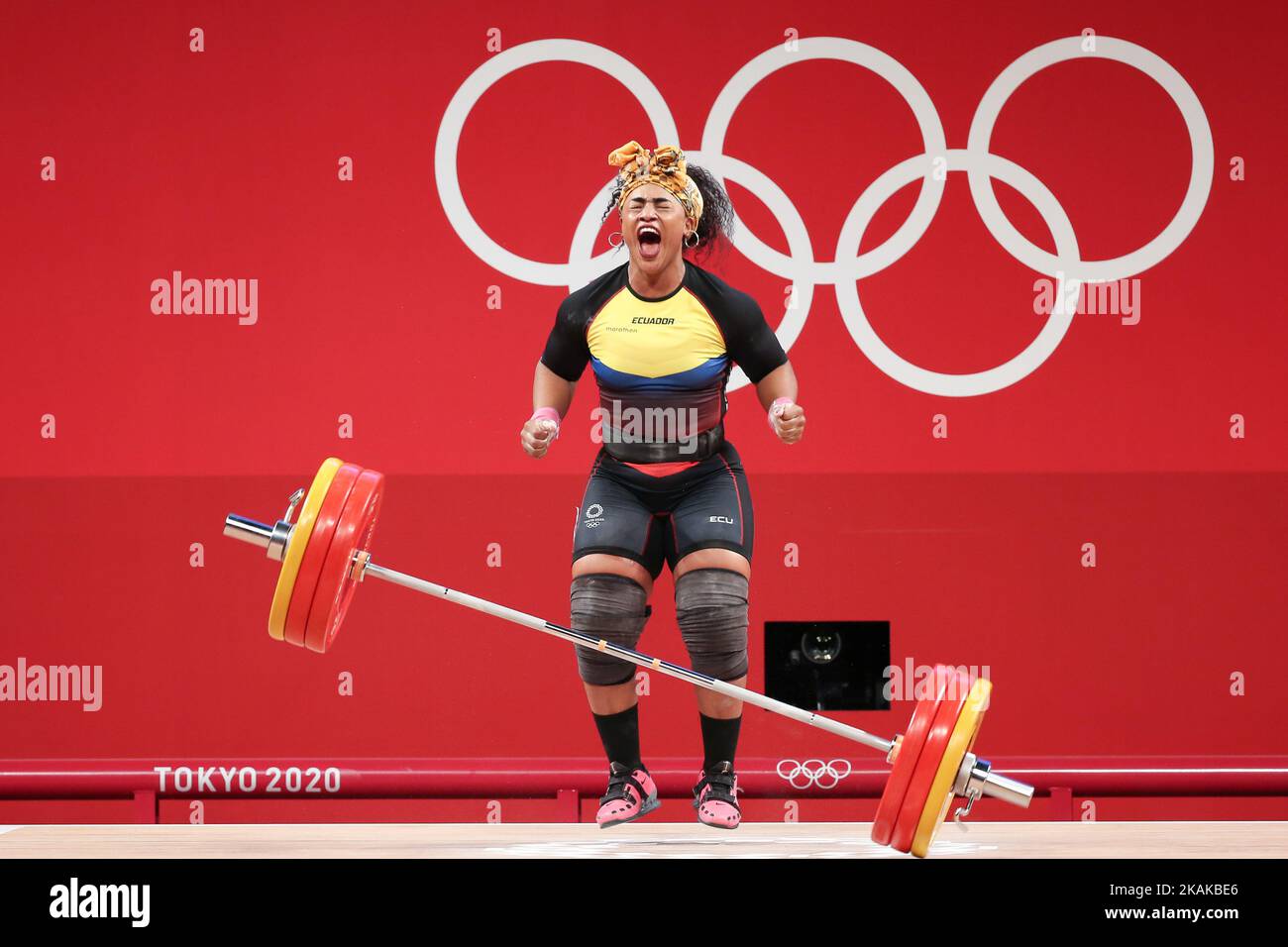 AUGUST 02, 2021 - TOKYO, JAPAN: Tamara SALAZAR of Ecuador reacts to winning the silver medal in the Weightlifting Women's 87kg at the Tokyo 2020 Olympic Games (Photo by Mickael Chavet/RX) Stock Photo