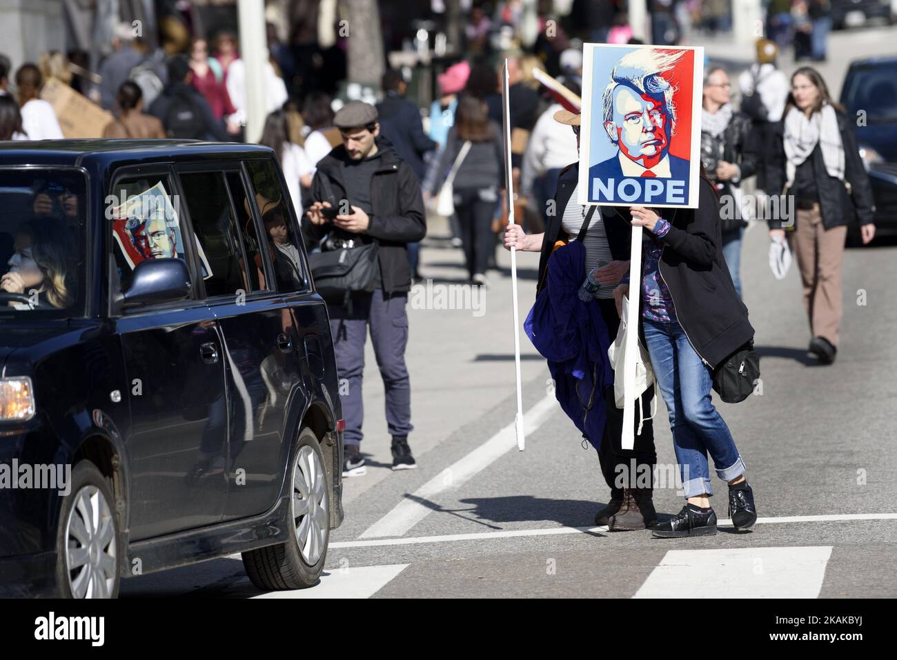 Protesters in the WomenÂ’s March in Los Angeles, California on January ...