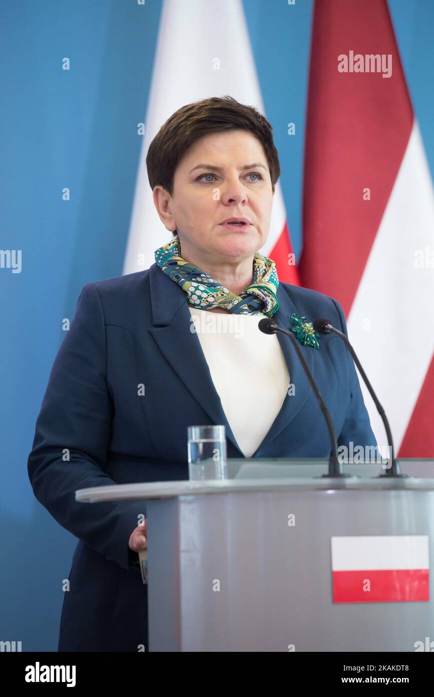 Prime Minister of Poland Beata Szydlo during theÂ press conference at Chancellery of the Prime MinisterÂ in Warsaw, Poland on 26 January 2017 (Photo by Mateusz Wlodarczyk/NurPhoto) *** Please Use Credit from Credit Field *** Stock Photo