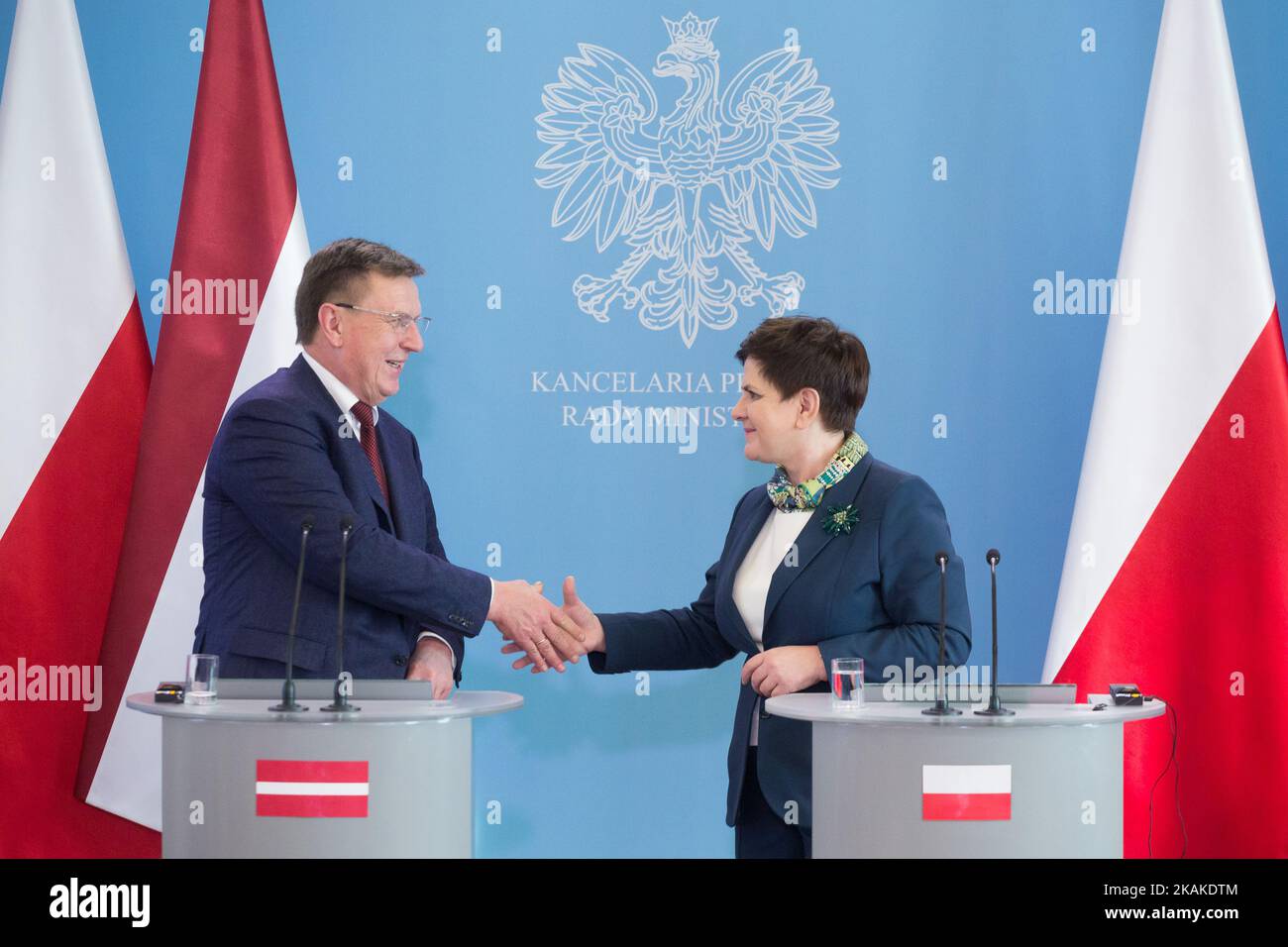 Prime Minister of Poland Beata Szydlo and Prime Minister of Latvia Maris Kucinskis during theÂ press conference at Chancellery of the Prime MinisterÂ in Warsaw, Poland on 26 January 2017 (Photo by Mateusz Wlodarczyk/NurPhoto) *** Please Use Credit from Credit Field *** Stock Photo