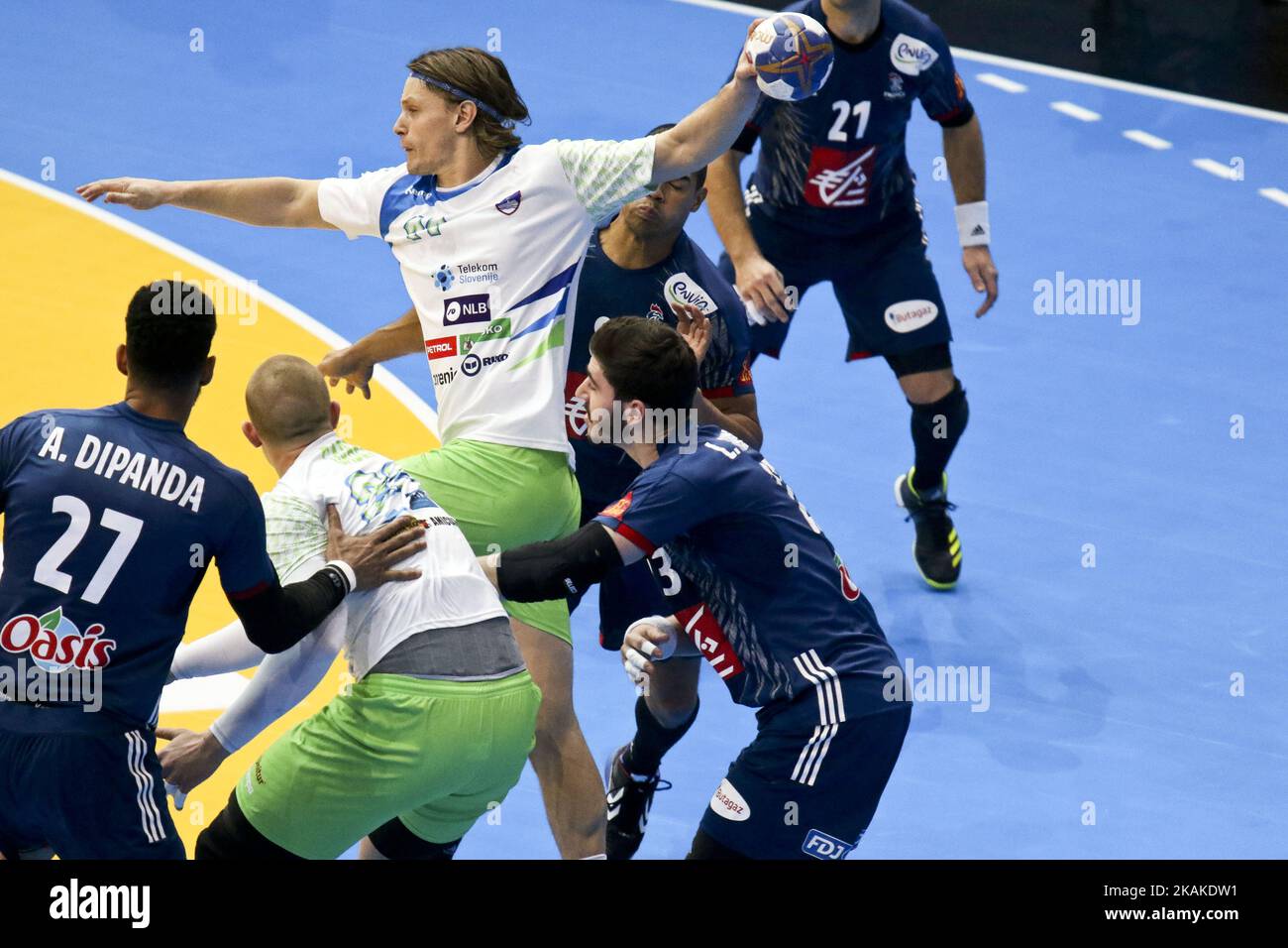 Dolenec Jure and Dipanda Adrien during the World Championship Semi Final match between France and Slovenia at AccorHotels Arena on January 26, 2017 in Paris, France. (Photo by Elyxandro Cegarra/NurPhoto) *** Please Use Credit from Credit Field *** Stock Photo