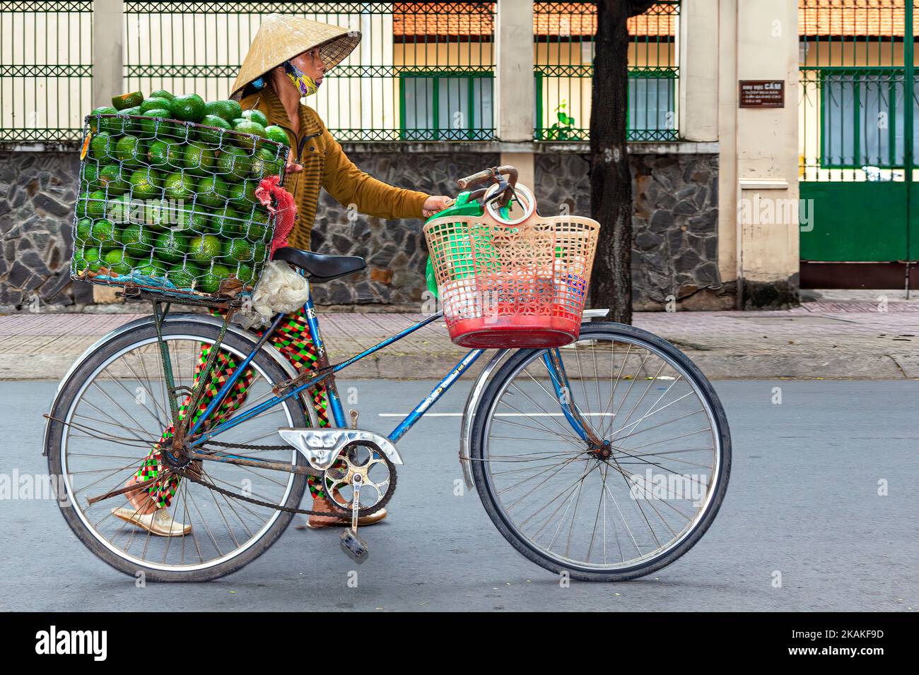Vietnamese hawker wearing bamboo hat selling fruit from bicycle, Ho Chi Minh City, Vietnam Stock Photo
