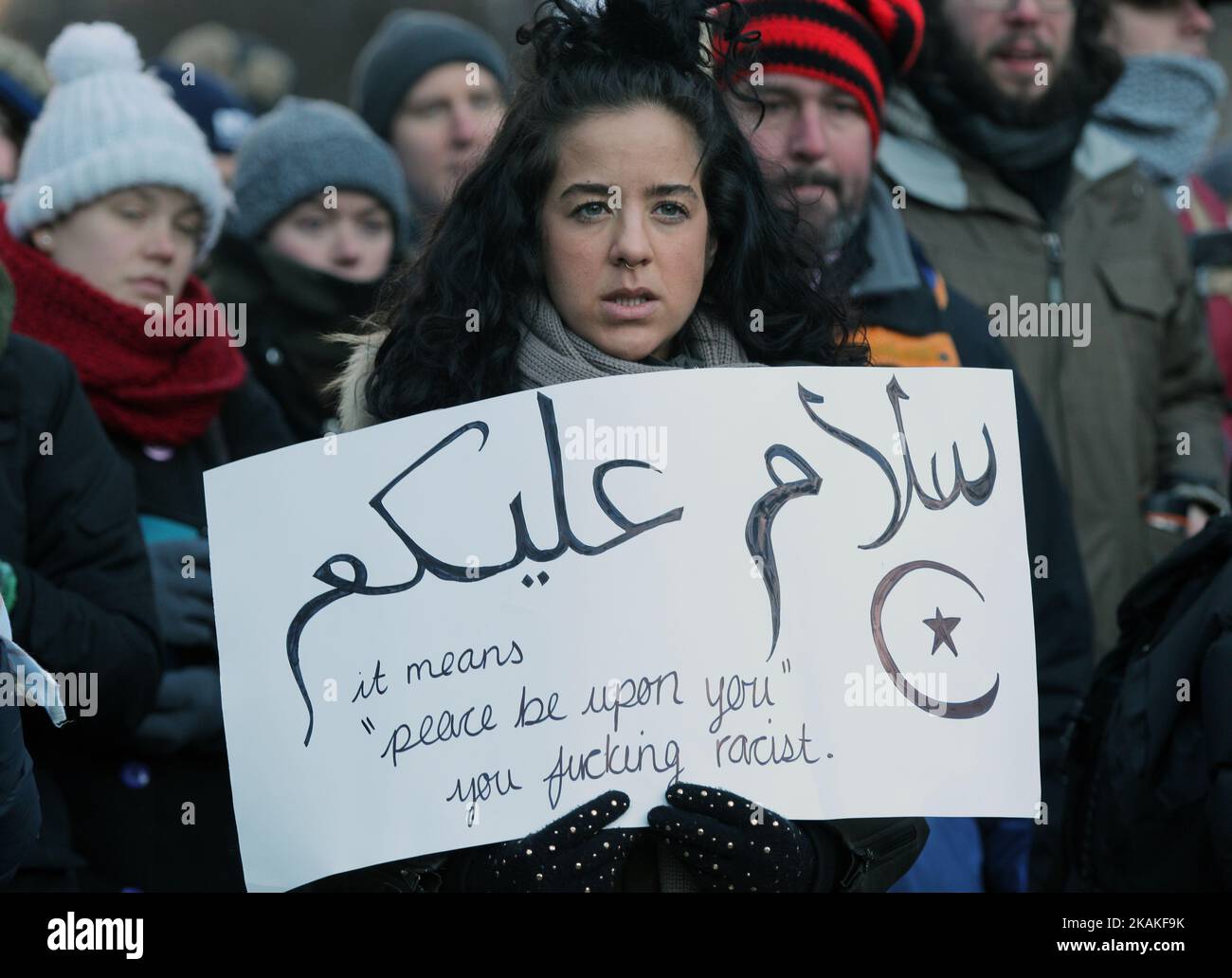 Hundreds of Canadians held a massive protest against President Trump's travel ban outside of the U.S. Consulate in downtown Toronto, Ontario, Canada, on January 30, 2017. Canadians joined countries around the world in protesting against American President Donald Trump's executive order, banning citizens of seven majority Muslim countries (Iran, Iraq, Sudan, Somalia, Syria, Yemen and Libya) from entering the United States for the next three months and banning Syrian refugees from indefinitely entering America. (Photo by Creative Touch Imaging Ltd./NurPhoto) *** Please Use Credit from Credit Fie Stock Photo