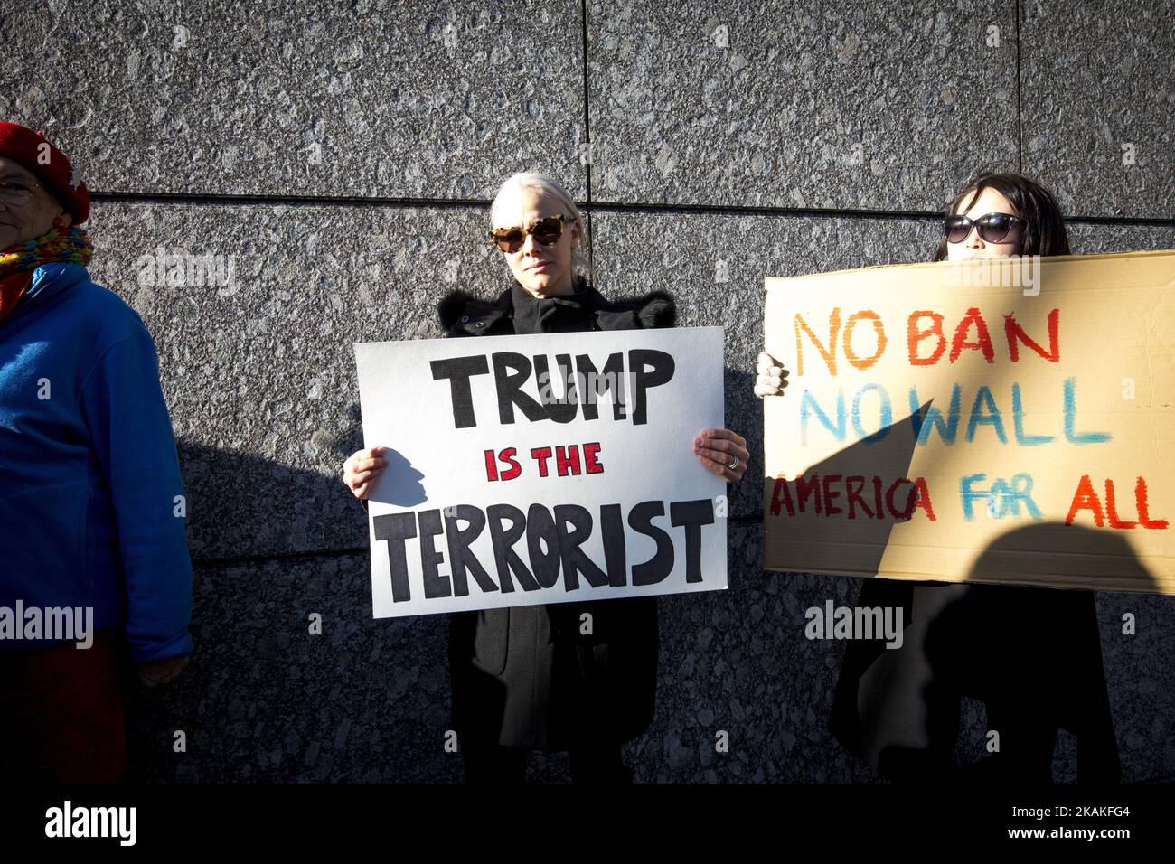 Foreign residents of Tokyo gather to protest against U.S President Donald TrumpÂ’s immigration ban and security agendas near US embassy of Tokyo, Japan on January 31, 2017. U.S. President Trump issued a executive order banning seven Muslim nations, Iraq, Syria, Iran, Sudan, Libya, Somalia or Yemen from entering the United States. Several travelers with visas to the United States were detained at JFK airport the past few days. (Photo by Richard Atrero de Guzman/NurPhoto) *** Please Use Credit from Credit Field *** Stock Photo