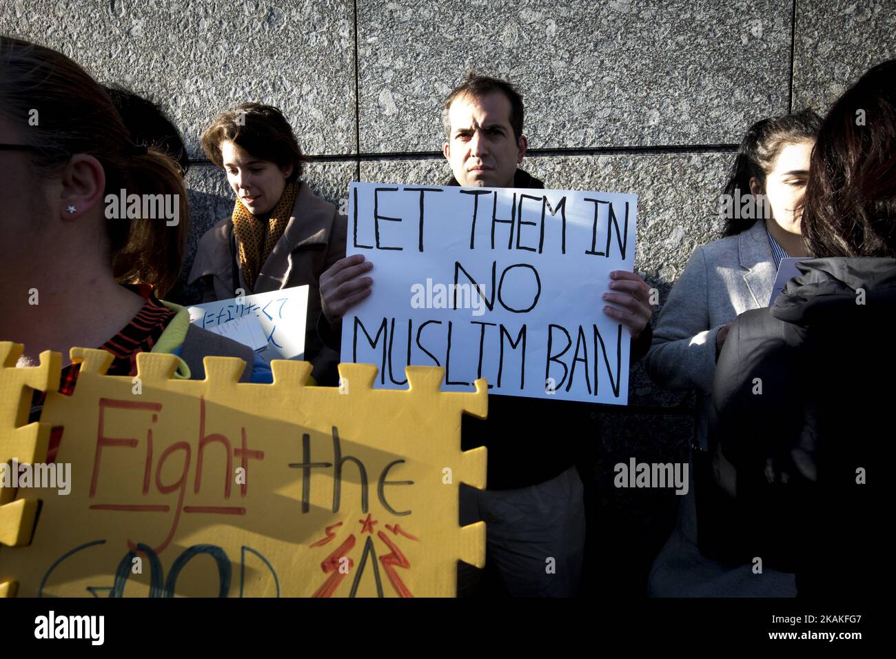 Foreign residents of Tokyo gather to protest against U.S President Donald TrumpÂ’s immigration ban and security agendas near US embassy of Tokyo, Japan on January 31, 2017. U.S. President Trump issued a executive order banning seven Muslim nations, Iraq, Syria, Iran, Sudan, Libya, Somalia or Yemen from entering the United States. Several travelers with visas to the United States were detained at JFK airport the past few days. (Photo by Richard Atrero de Guzman/NurPhoto) *** Please Use Credit from Credit Field *** Stock Photo