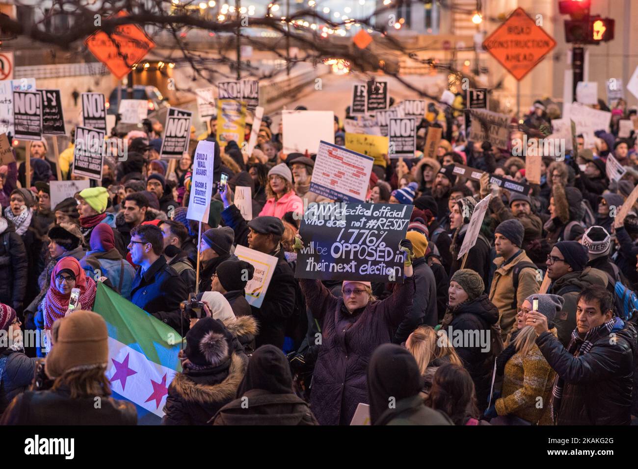 Hundreds of demonstrators in Chicago march in protest of President Trump's executive order that temporarily blocks refugees and travelers from seven predominantly Muslim countries from entering the United States on February 1, 2017. (Photo by Max Herman/NurPhoto) *** Please Use Credit from Credit Field *** Stock Photo