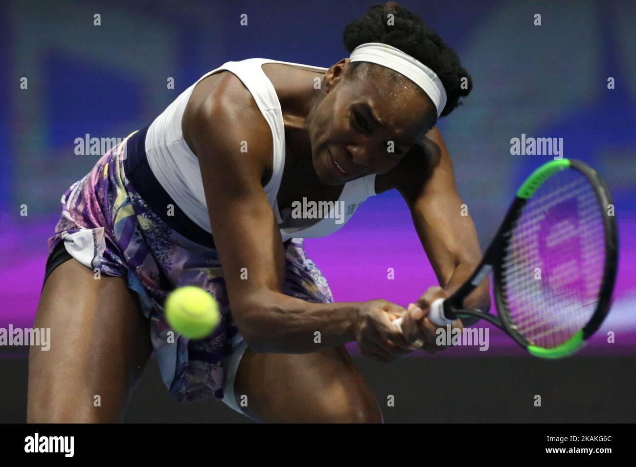Venus WillIams of USA returns the ball to Kristina Mladenovic of France during the St. Petersburg Ladies Trophy ATP tennis tournament match in St