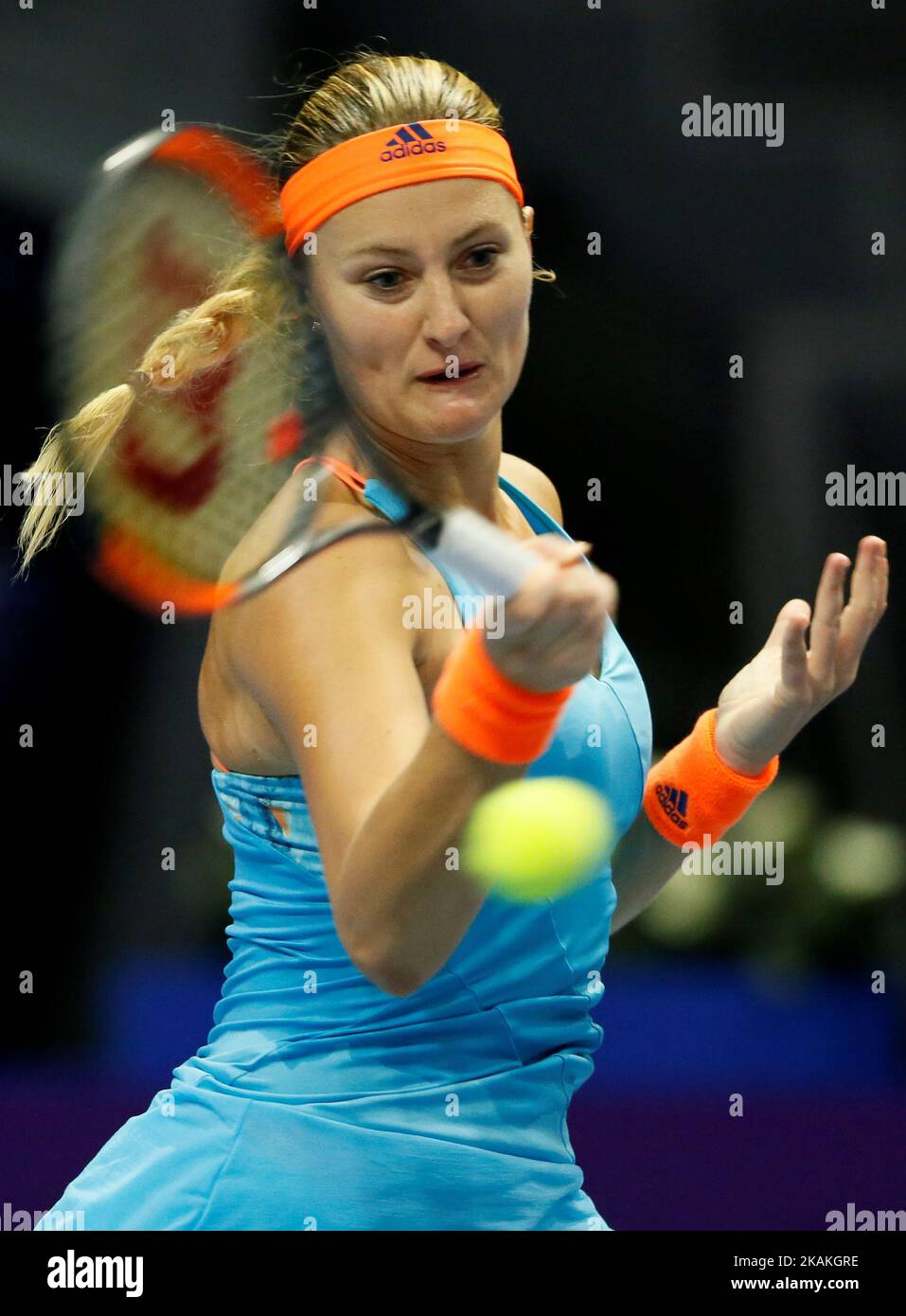 Kristina Mladenovic of France returns the ball to Roberta Vinci of Italy during their quarterfinal match at St. Petersburg Ladies Trophy tennis tournament on February 3, 2017 in St. Petersburg, Russia. (Photo by Mike Kireev/NurPhoto) *** Please Use Credit from Credit Field *** Stock Photo