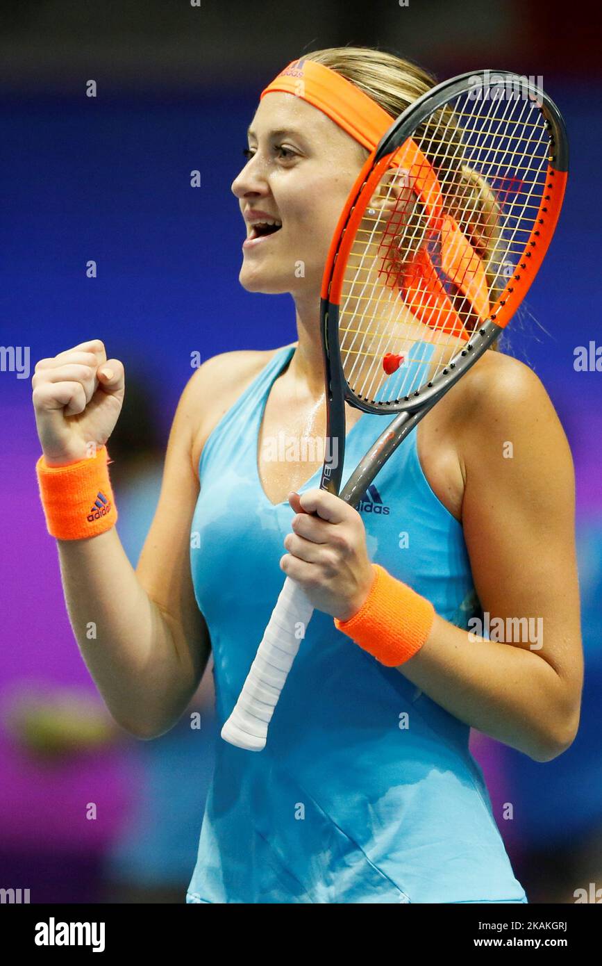 Kristina Mladenovic of France celebrates victory over Roberta Vinci of Italy during their quarterfinal match at St. Petersburg Ladies Trophy tennis tournament on February 3, 2017 in St. Petersburg, Russia. (Photo by Mike Kireev/NurPhoto) *** Please Use Credit from Credit Field *** Stock Photo