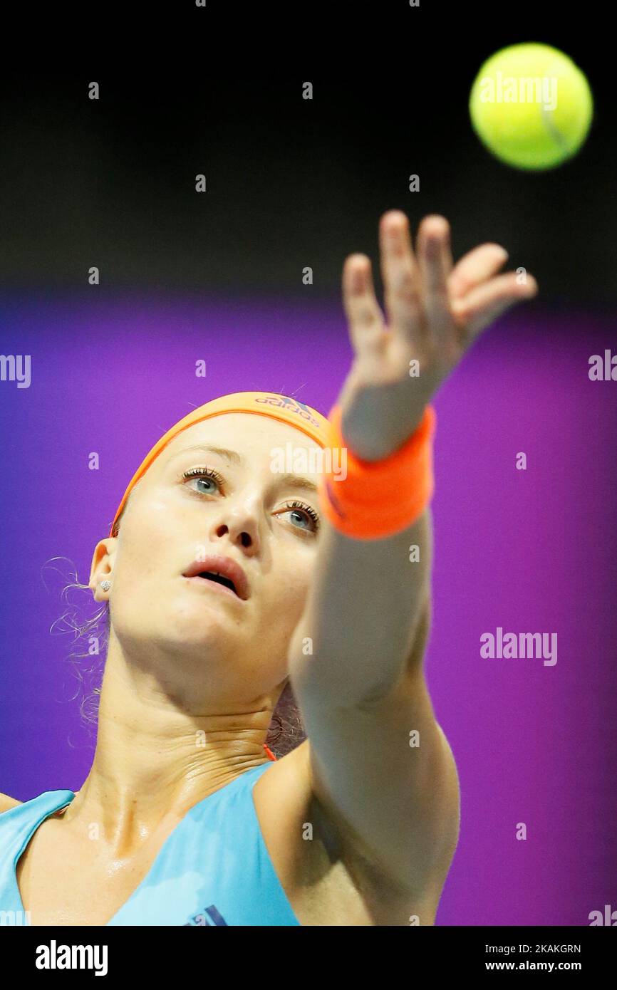 Kristina Mladenovic of France serves the ball during her quarterfinal match against Roberta Vinci of Italy at St. Petersburg Ladies Trophy tennis tournament on February 3, 2017 in St. Petersburg, Russia. (Photo by Mike Kireev/NurPhoto) *** Please Use Credit from Credit Field *** Stock Photo