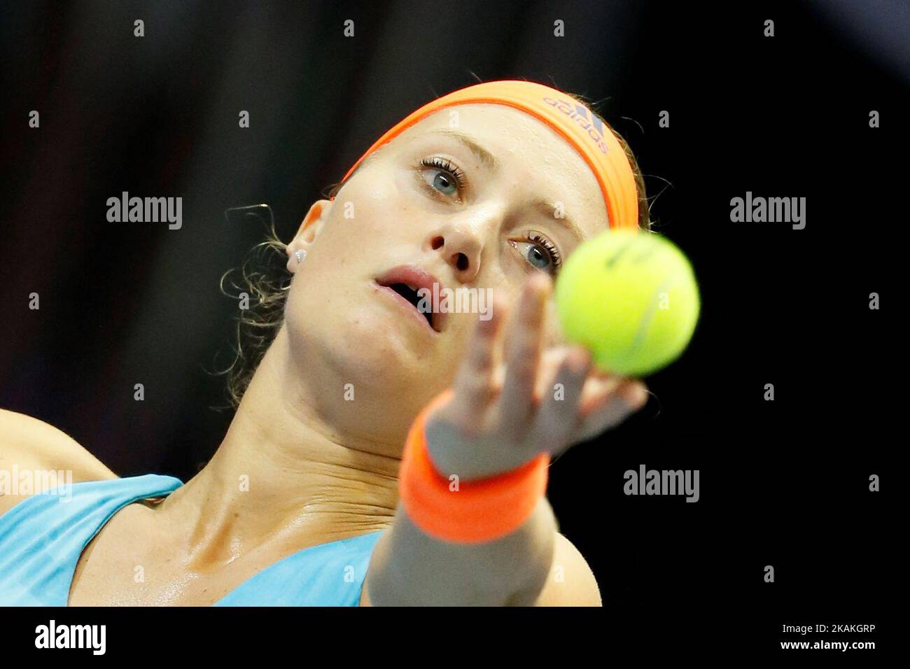 Kristina Mladenovic of France serves the ball during her quarterfinal match against Roberta Vinci of Italy at St. Petersburg Ladies Trophy tennis tournament on February 3, 2017 in St. Petersburg, Russia. (Photo by Mike Kireev/NurPhoto) *** Please Use Credit from Credit Field *** Stock Photo