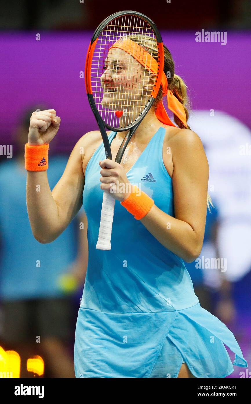 Kristina Mladenovic of France celebrates victory over Roberta Vinci of Italy during their quarterfinal match at St. Petersburg Ladies Trophy tennis tournament on February 3, 2017 in St. Petersburg, Russia. (Photo by Mike Kireev/NurPhoto) *** Please Use Credit from Credit Field *** Stock Photo