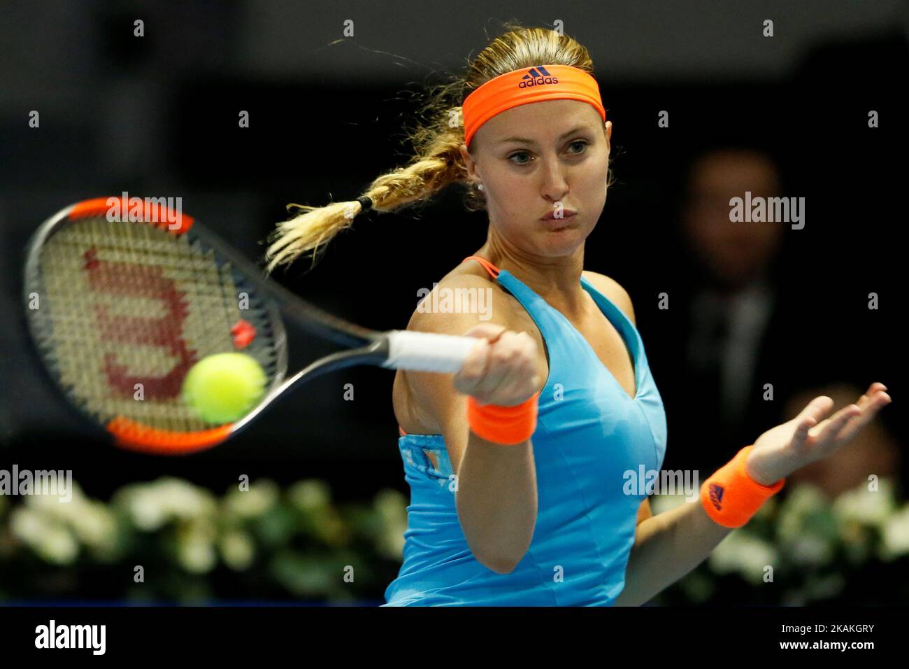 Kristina Mladenovic of France returns the ball to Roberta Vinci of Italy during their quarterfinal match at St. Petersburg Ladies Trophy tennis tournament on February 3, 2017 in St. Petersburg, Russia. (Photo by Mike Kireev/NurPhoto) *** Please Use Credit from Credit Field *** Stock Photo