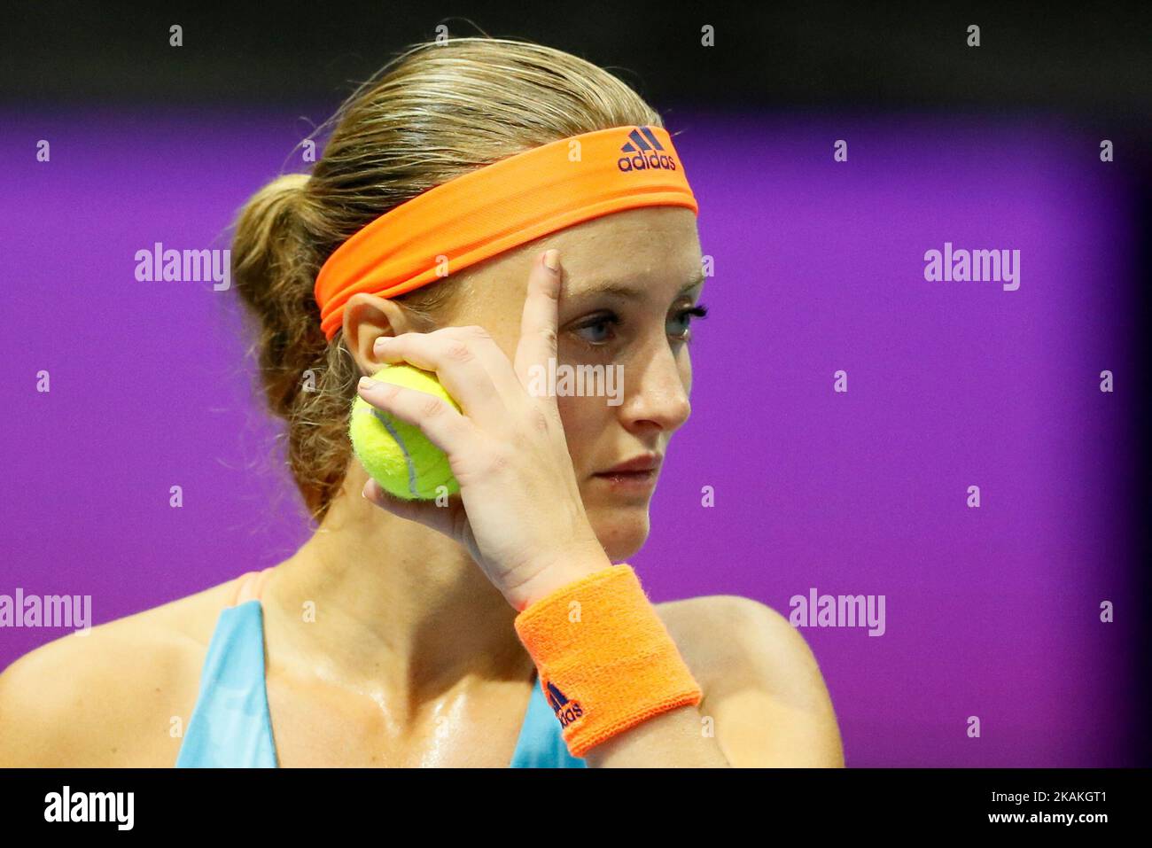 Kristina Mladenovic of France looks on during her quarterfinal match against Roberta Vinci of Italy at St. Petersburg Ladies Trophy tennis tournament on February 3, 2017 in St. Petersburg, Russia. (Photo by Mike Kireev/NurPhoto) *** Please Use Credit from Credit Field *** Stock Photo