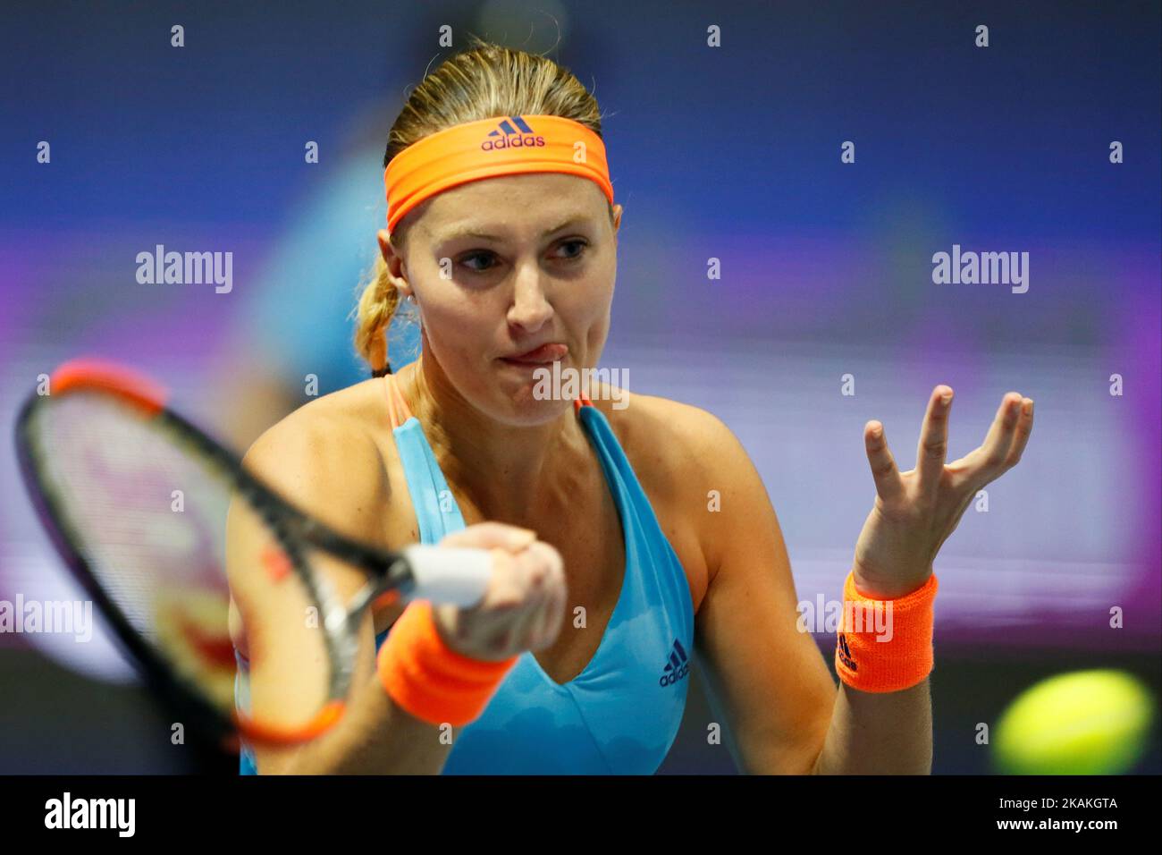 Kristina Mladenovic of France returns the ball to Roberta Vinci of Italy during their quarterfinal match at St. Petersburg Ladies Trophy tennis tournament on February 3, 2017 in St. Petersburg, Russia. (Photo by Mike Kireev/NurPhoto) *** Please Use Credit from Credit Field *** Stock Photo