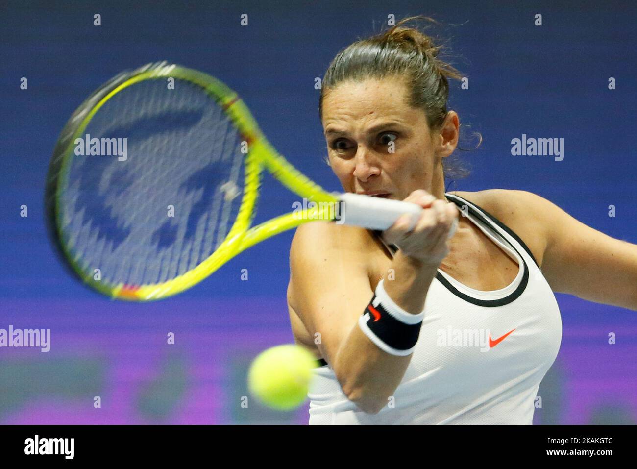 Roberta Vinci of Italy returns the ball to Kristina Mladenovic of France during their quarterfinal match at St. Petersburg Ladies Trophy tennis tournament on February 3, 2017 in St. Petersburg, Russia. (Photo by Mike Kireev/NurPhoto) *** Please Use Credit from Credit Field *** Stock Photo