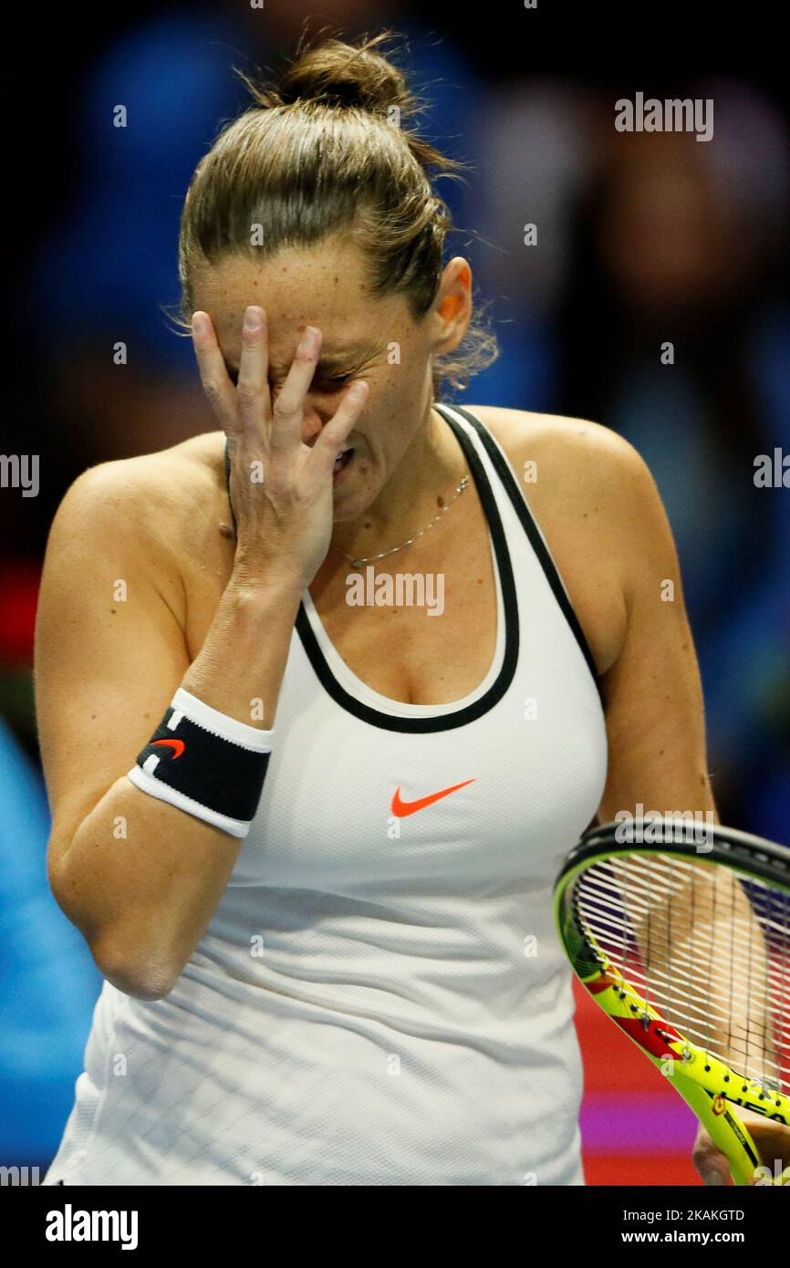 Roberta Vinci of Italy reacts during her quarterfinal match against Kristina Mladenovic of France at St. Petersburg Ladies Trophy tennis tournament on February 3, 2017 in St. Petersburg, Russia. (Photo by Mike Kireev/NurPhoto) *** Please Use Credit from Credit Field *** Stock Photo