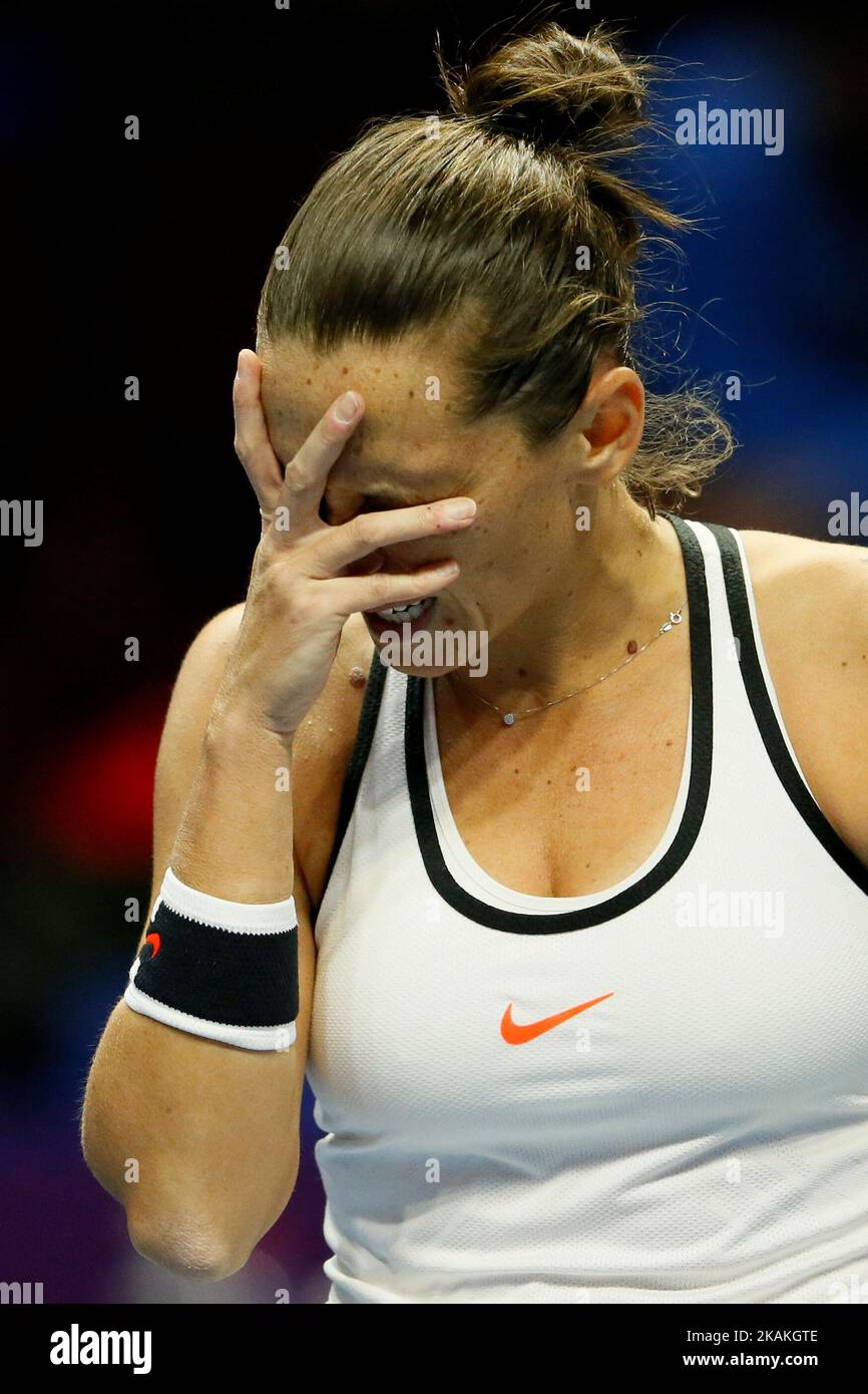 Roberta Vinci of Italy reacts during her quarterfinal match against Kristina Mladenovic of France at St. Petersburg Ladies Trophy tennis tournament on February 3, 2017 in St. Petersburg, Russia. (Photo by Mike Kireev/NurPhoto) *** Please Use Credit from Credit Field *** Stock Photo
