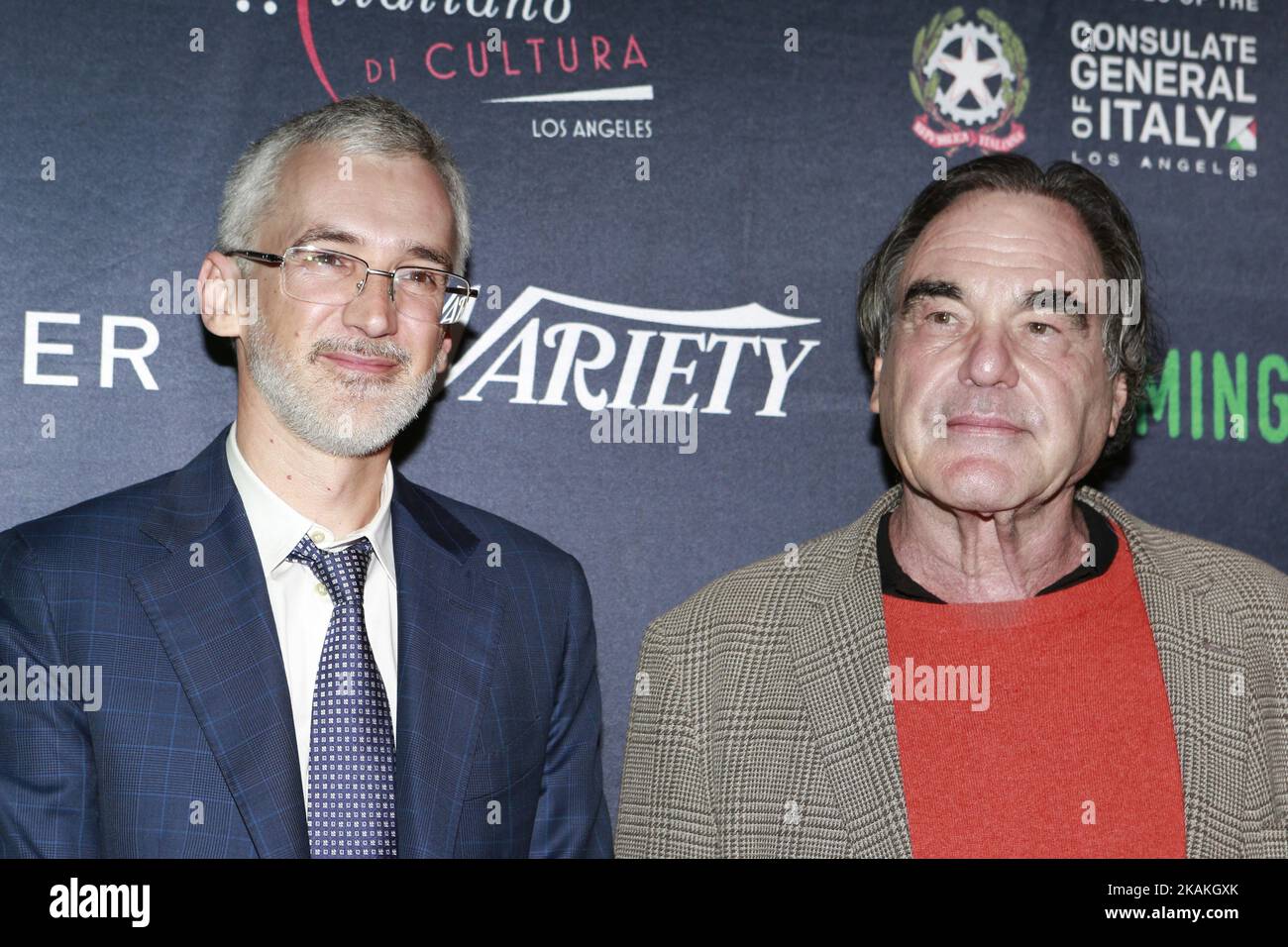 Producer and Director Igor Lopatonok (L) with Director Oliver Stone (R) on the red carpet prior Mr. Stone receiving the 'Baume & Mercier Special Filming on Italy Award' at Italian Cultural Institute in Los Angeles, CA on February 3, 2017 (Photo by Neca Dantas/NurPhoto) *** Please Use Credit from Credit Field *** Stock Photo