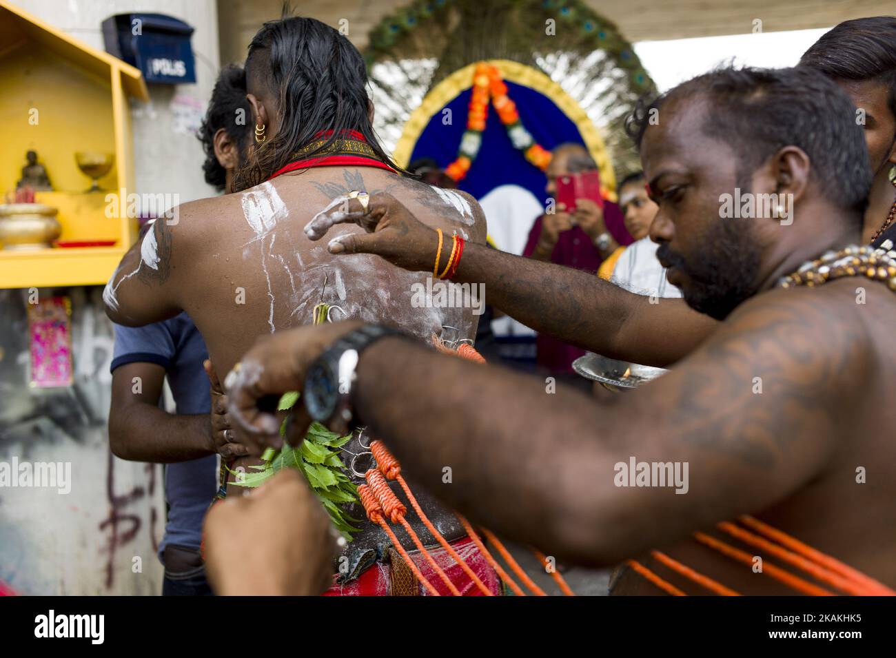 Tamilians sharply pierced with an iron beak sharply while celebrating Thaipusam festival in Batu caves on February 04, 2017 in Kuala Lumpur, Malaysia. Thaipusam is a Hindu festival celebrated mostly by the Tamil community on the full moon in the Tamil Thai month during January or February to commemorates the occasion when Parvati gave Murugan a 'spear' so he could vanquish the evil demon Soorapadman. This is particularly noticeable in countries where there is a significant presence of Tamil society like India, Sri Lanka, Malaysia, Mauritius, Singapore, South Africa, Guadalupe, Reunion, Indones Stock Photo