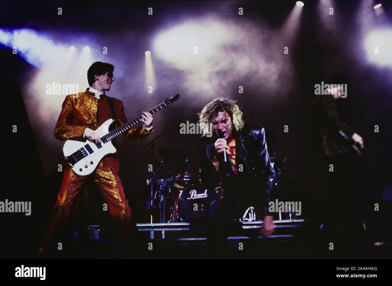 Duran Duran John Taylor, Simon Le Bon and Warren Cuccurullo on stage in rome in 1988 Stock Photo