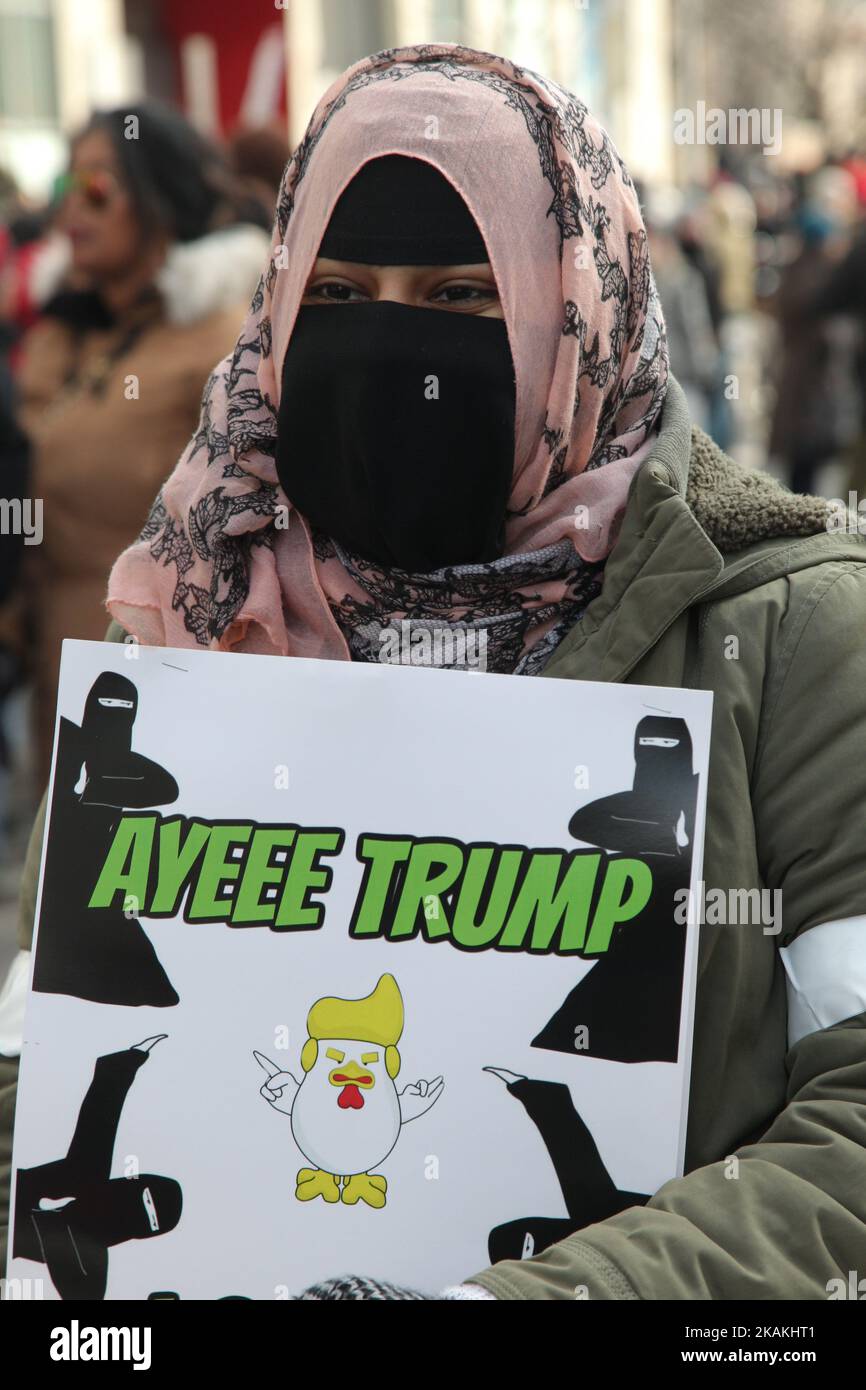 Muslims join thousands of Canadians in a massive protest against President Trump's travel ban on Muslims during the National Day of Action against Islamophobia and White Supremacy in downtown Toronto, Ontario, Canada, on February 04, 2017. Canadians joined countries around the world in protesting against American President Donald Trump's executive order, banning citizens of seven majority Muslim countries (Iran, Iraq, Sudan, Somalia, Syria, Yemen and Libya) from entering the United States for the next three months and banning Syrian refugees from indefinitely entering America. (Photo by Creati Stock Photo