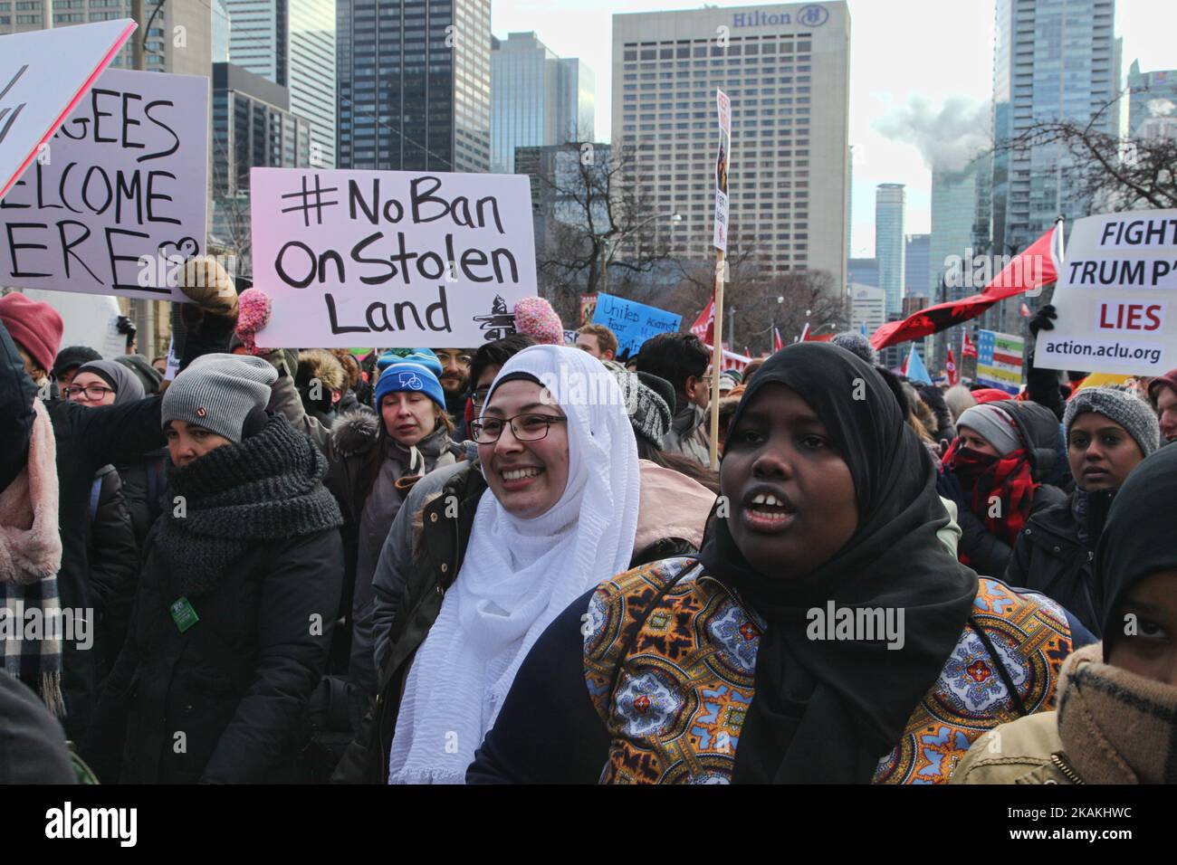 Muslims join thousands of Canadians in a massive protest against President Trump's travel ban on Muslims during the National Day of Action against Islamophobia and White Supremacy in downtown Toronto, Ontario, Canada, on February 04, 2017. Canadians joined countries around the world in protesting against American President Donald Trump's executive order, banning citizens of seven majority Muslim countries (Iran, Iraq, Sudan, Somalia, Syria, Yemen and Libya) from entering the United States for the next three months and banning Syrian refugees from indefinitely entering America. (Photo by Creati Stock Photo